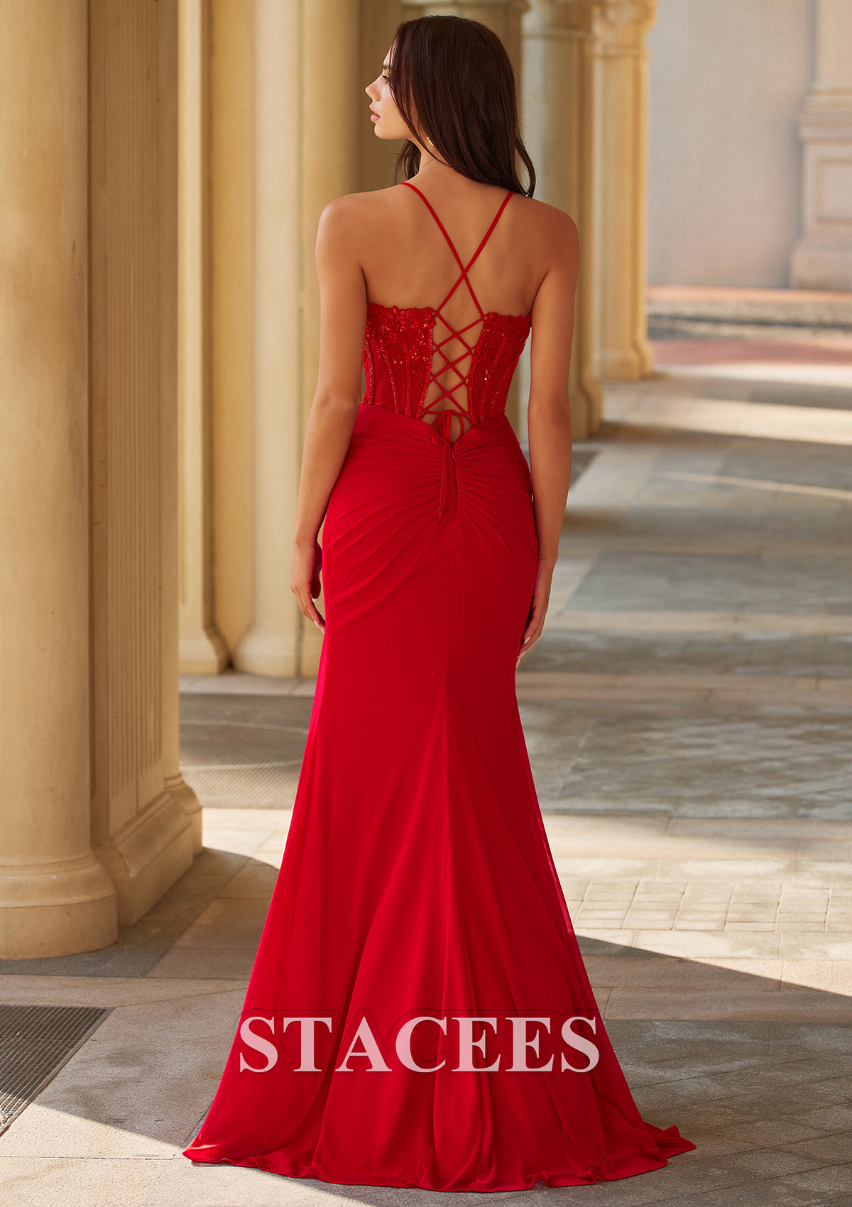 Red Mermaid Lace Sheer Corset Prom Dress with Spaghetti Straps and High Slit - STACEES