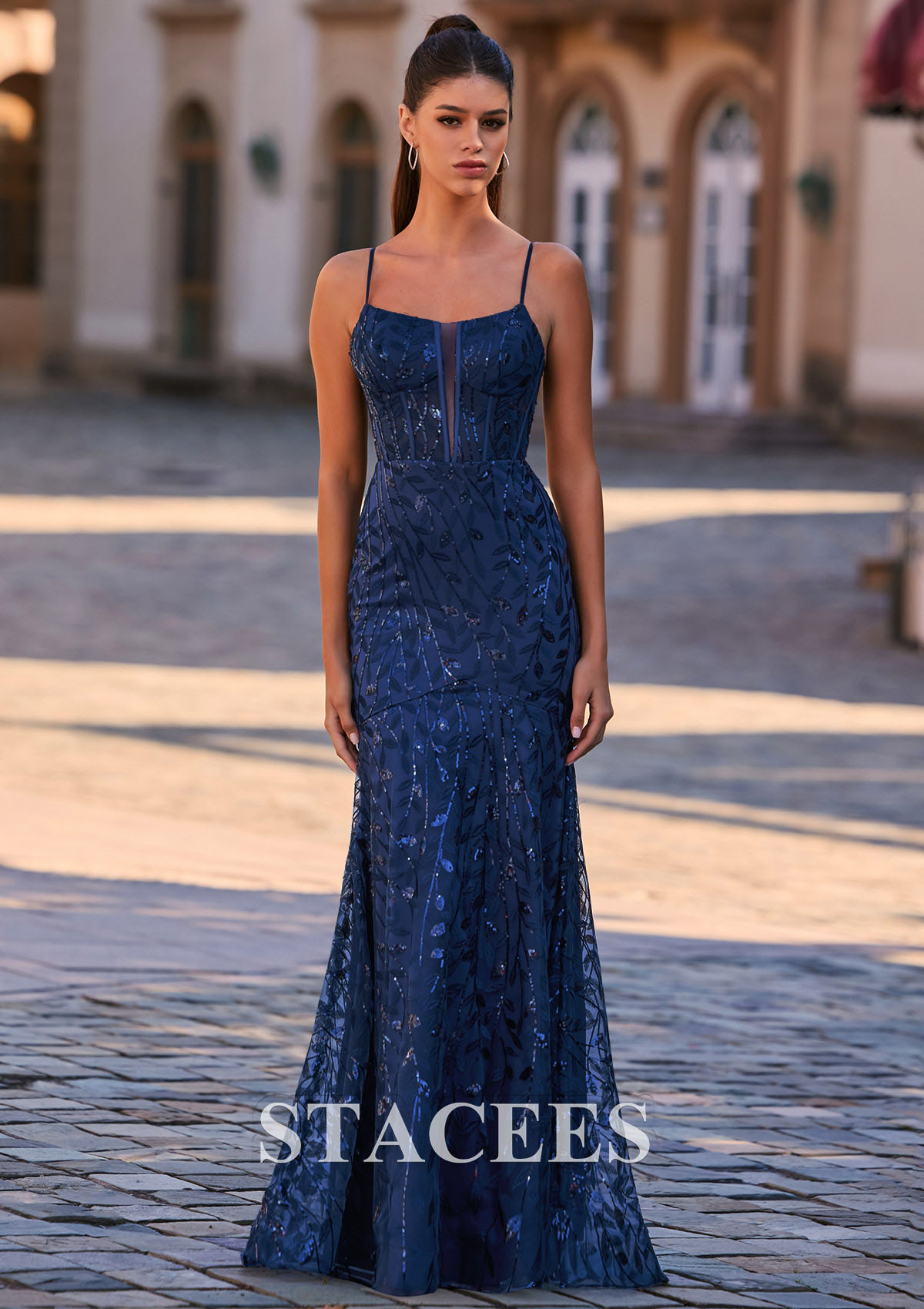 Dark Navy Classic Mermaid Spaghetti Straps Allover Sequins Corset Prom Dress - STACEES