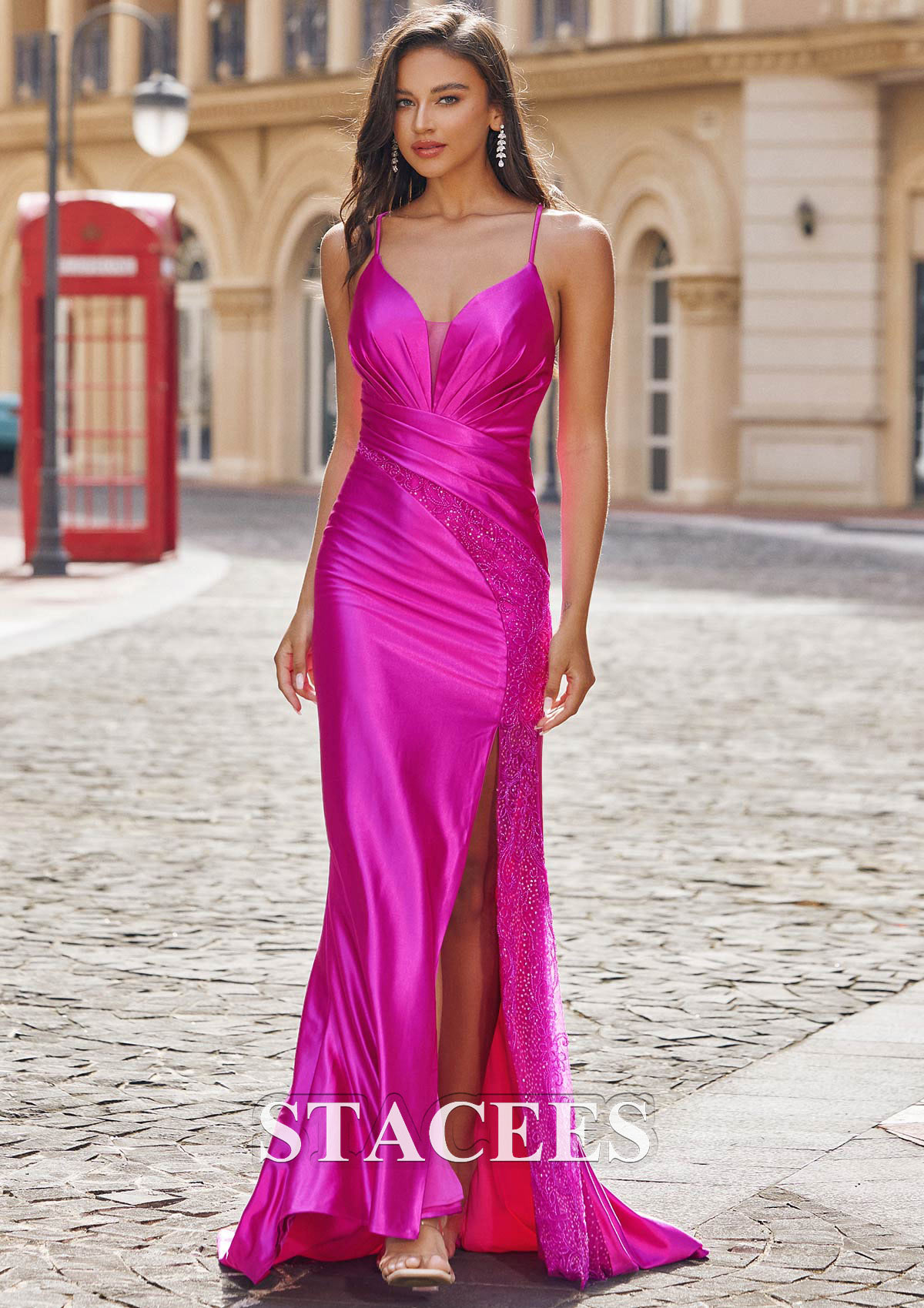 Fuchsia Trumpet/Mermaid V Neck Sleeveless Sweep Train Silk like Satin Prom Dress with Pleated Sequins Split - STACEES