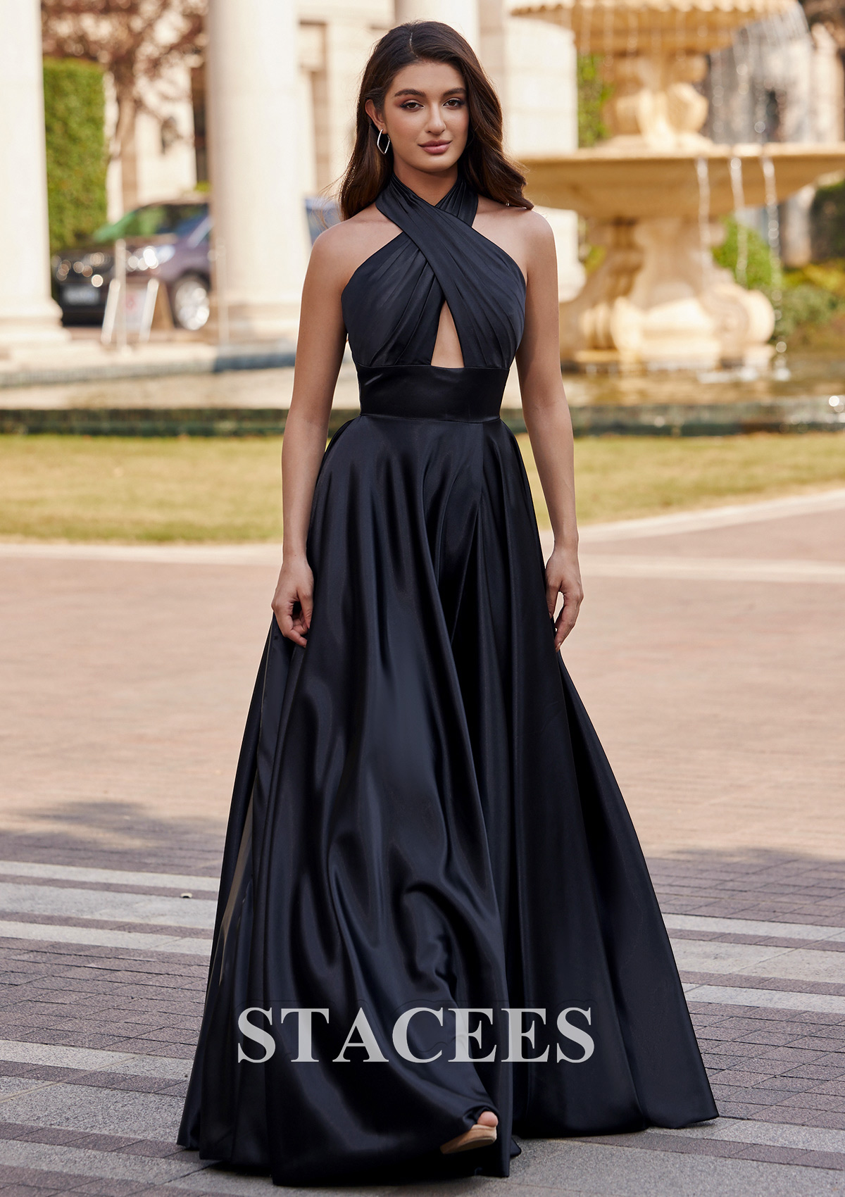 Black A-line Halter Floor-Length Charmeuse Prom Dress with Split - STACEES