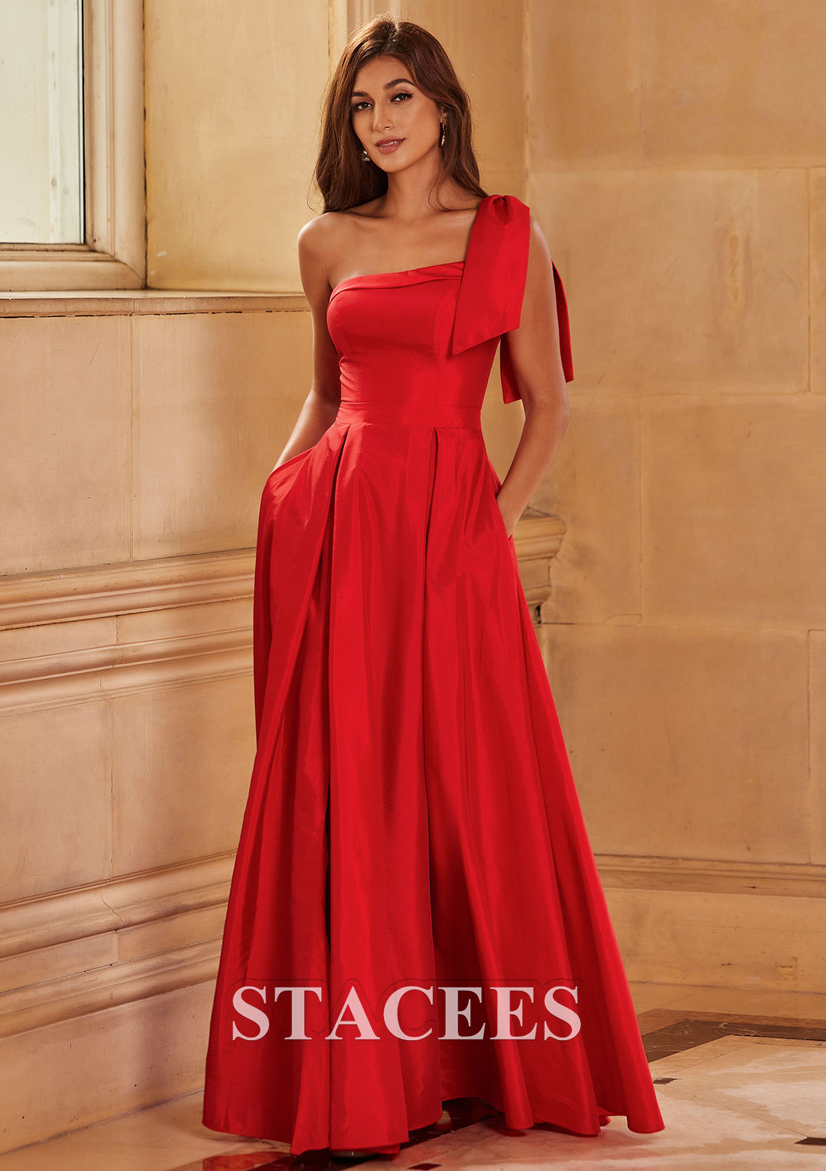 Red Vestido línea a un hombre tafetán hasta el suelo vestido de graduación - STACEES