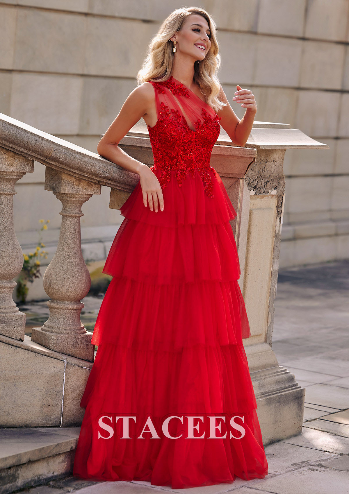 Red A-line Applique One Shoulder Ruffle Long Prom Dress - STACEES