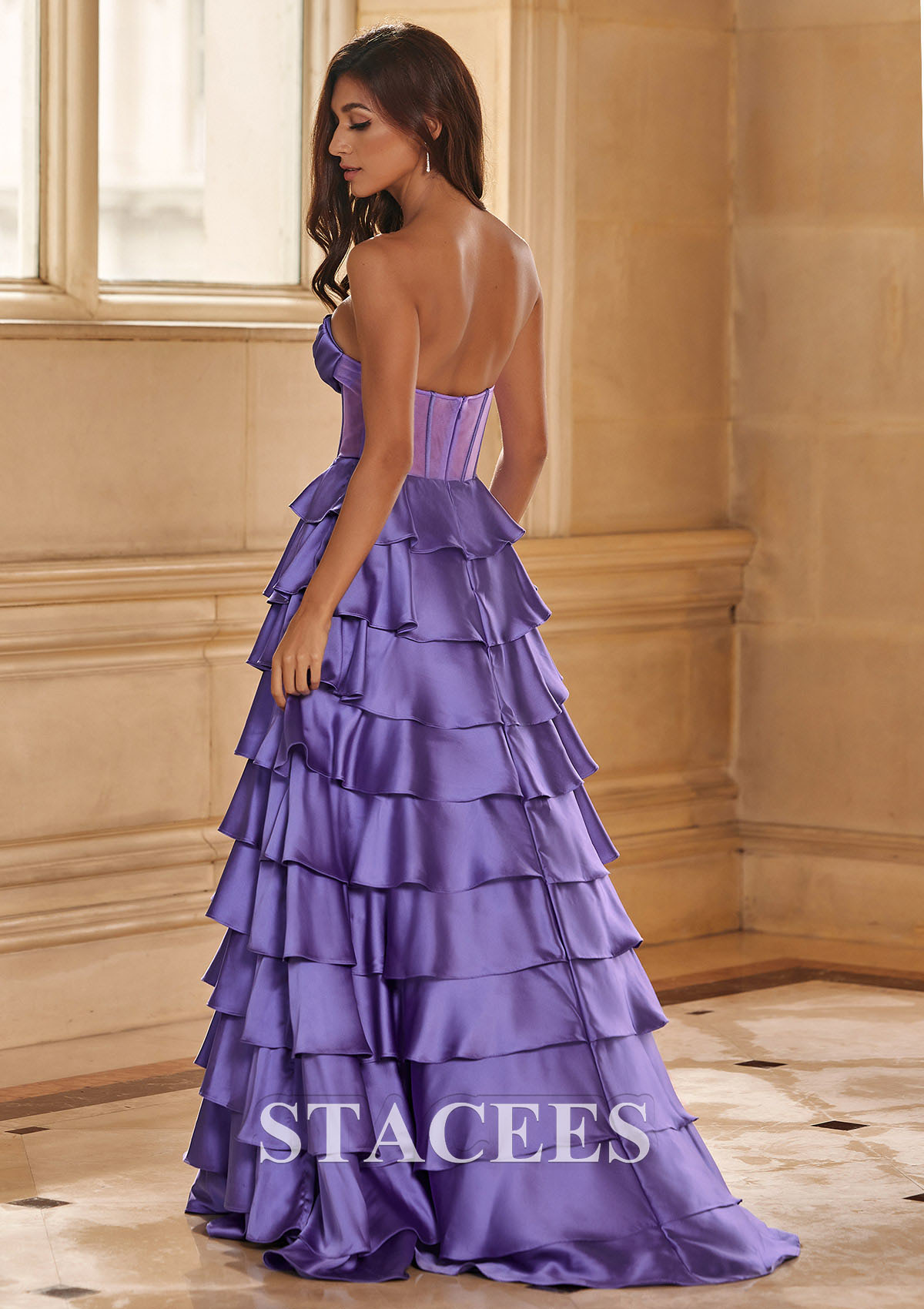 Lavender A-line Strapless Cowl Neck Sheer Corset Tiered Prom Dress with Ruffles  - STACEES