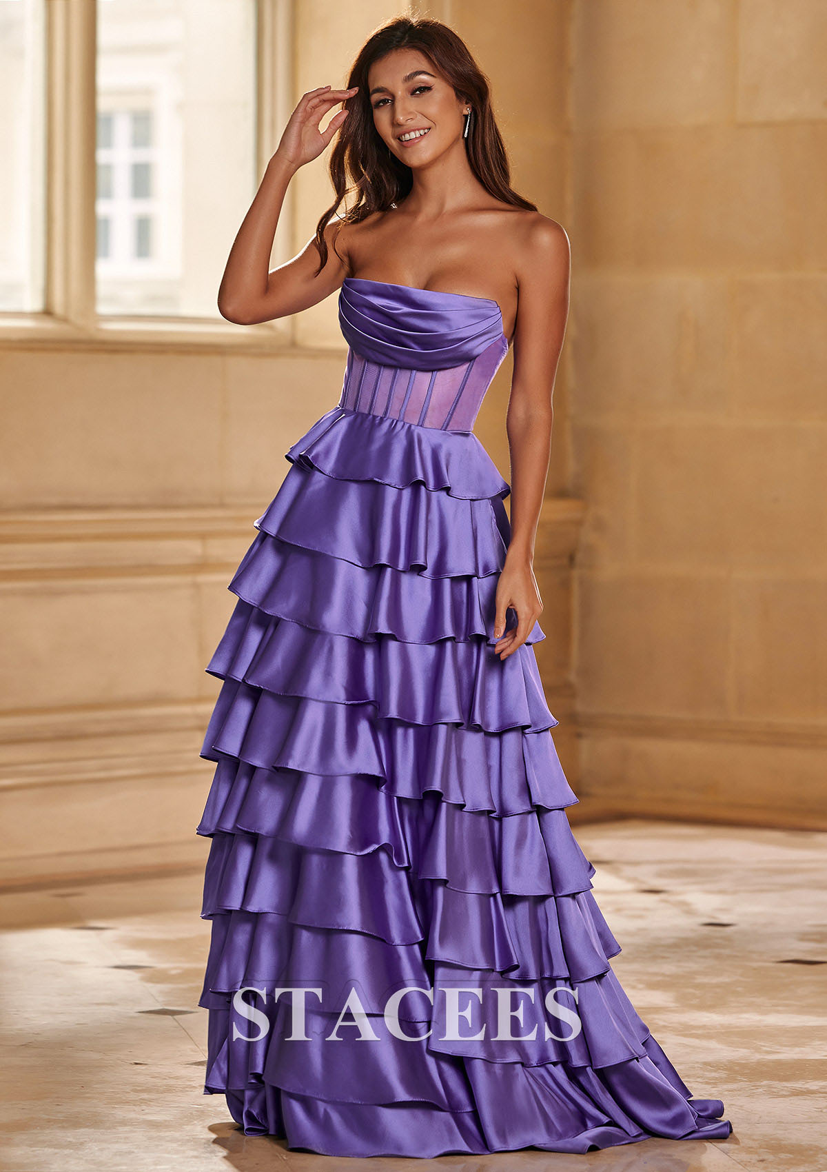 Lavender A-line Strapless Cowl Neck Sheer Corset Tiered Prom Dress with Ruffles  - STACEES