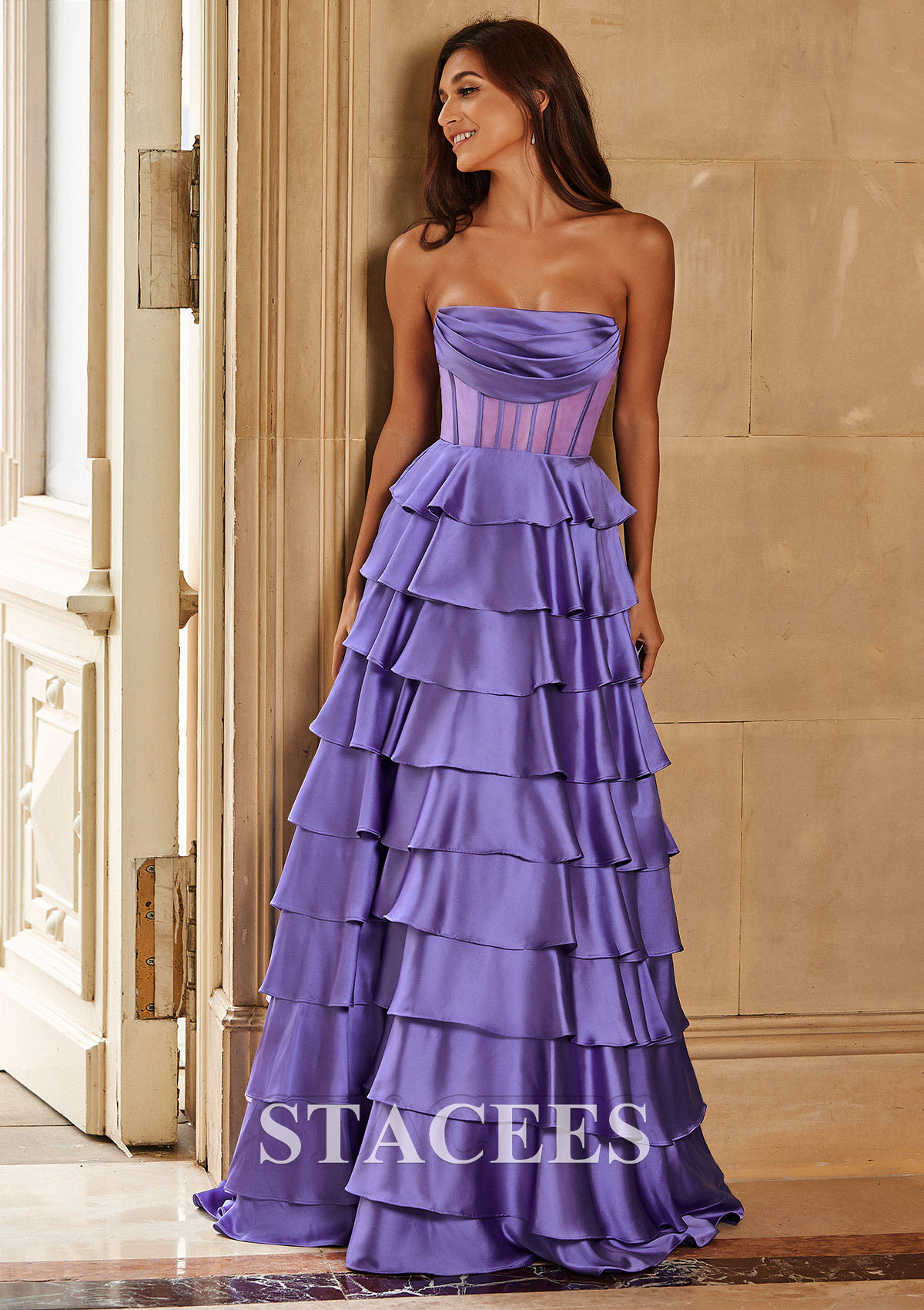 Lavender A-line Strapless Cowl Neck Sheer Corset Tiered Prom Dress with Ruffles  - STACEES