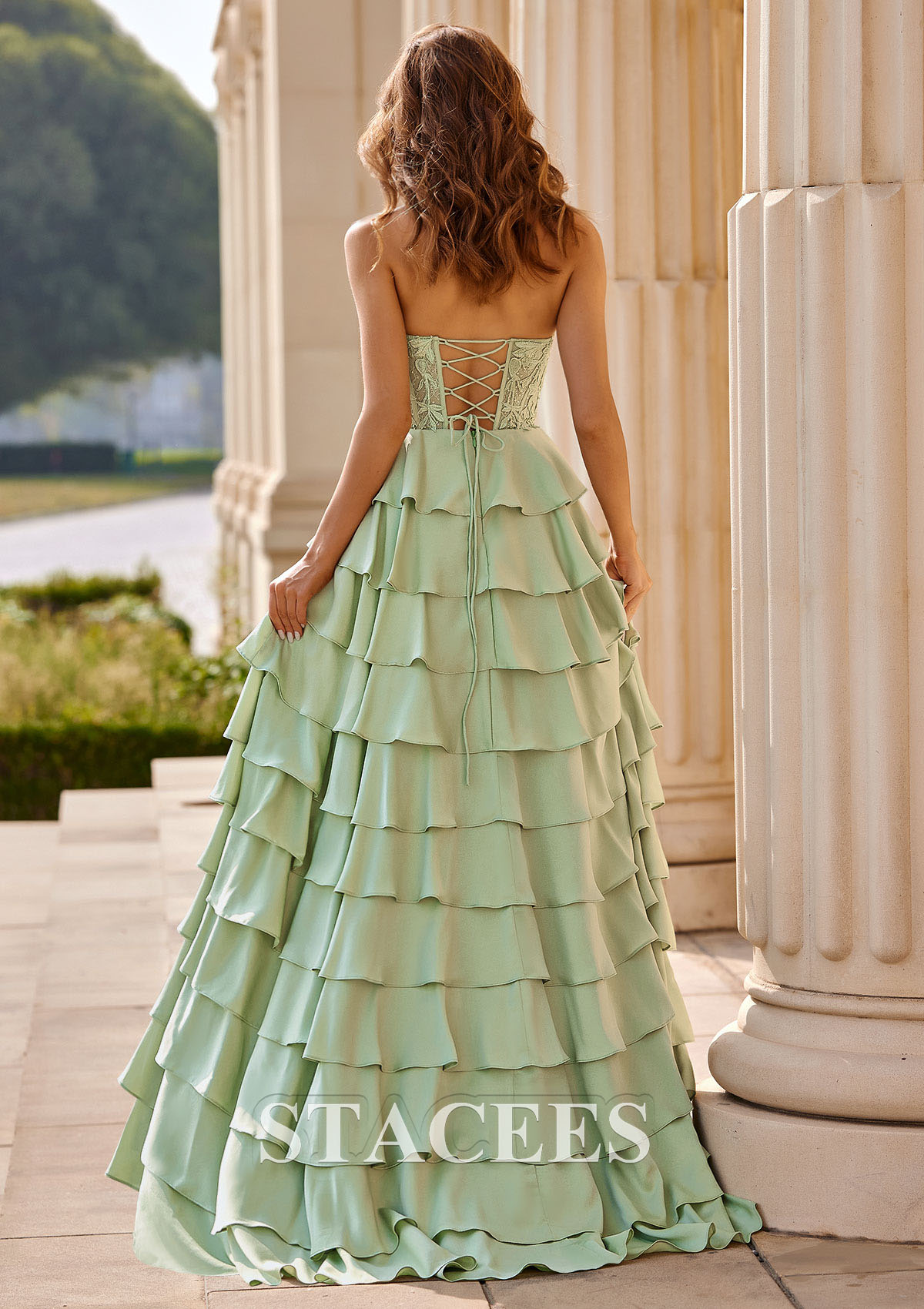 Dusty Sage A-line Stapless Stretch Satin Ruffle Corset Prom Dress with Leaf Lace Slit - STACEES