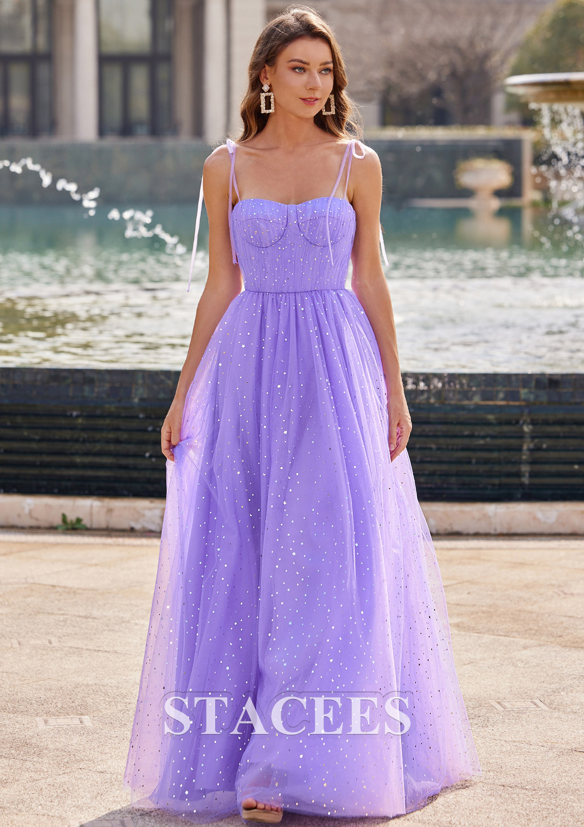 Lilac A-line Sweetheart Floor-Length Tulle Prom Dress with Sequins Cape - STACEES