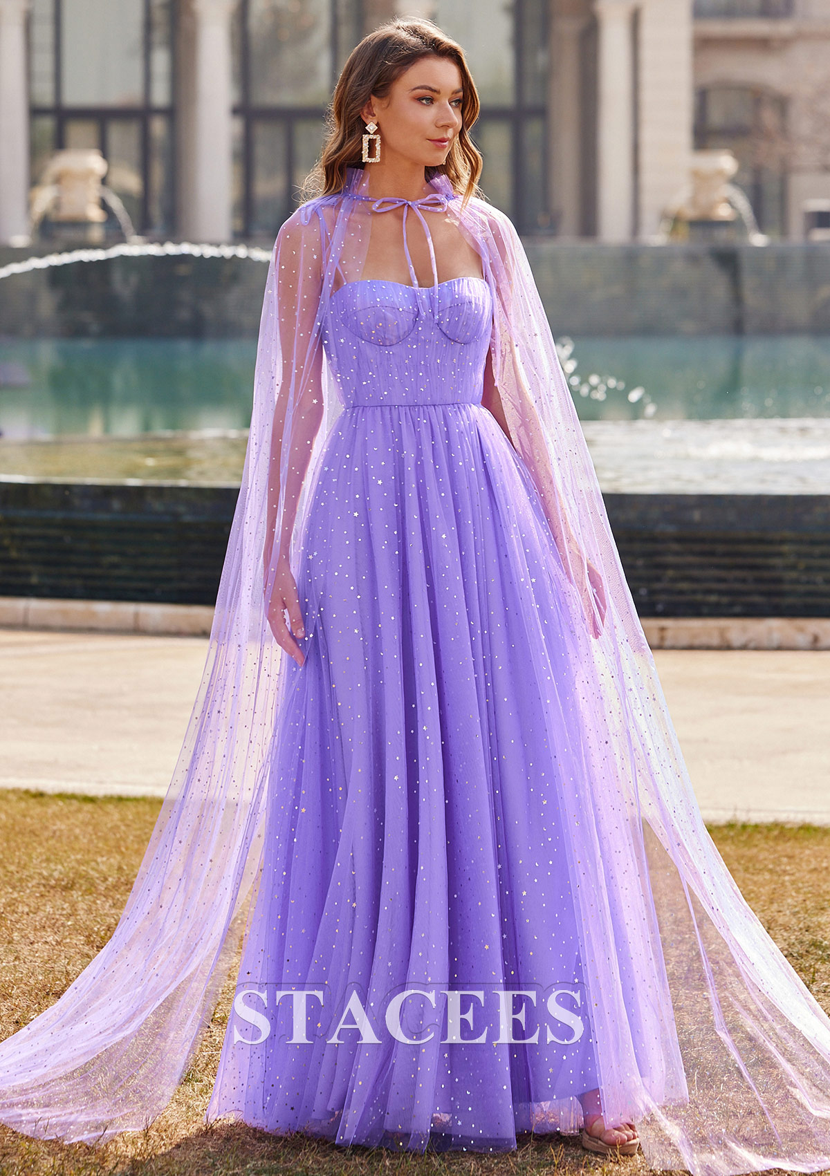 Lilac A-line Sweetheart Floor-Length Tulle Prom Dress with Sequins Cape - STACEES