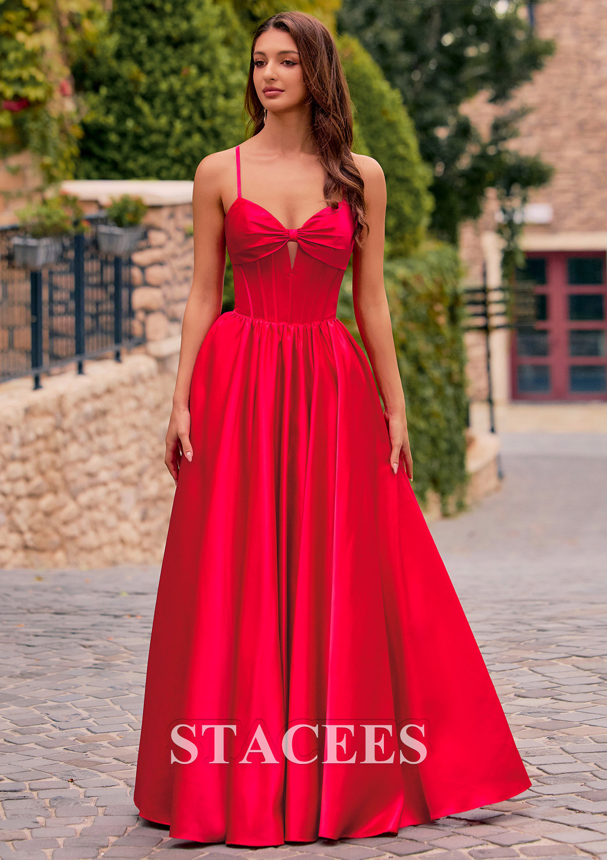 Red A-line Bow Corset Satin Floor-Length Ruched Prom Dress with Lace-Up Back - STACEES