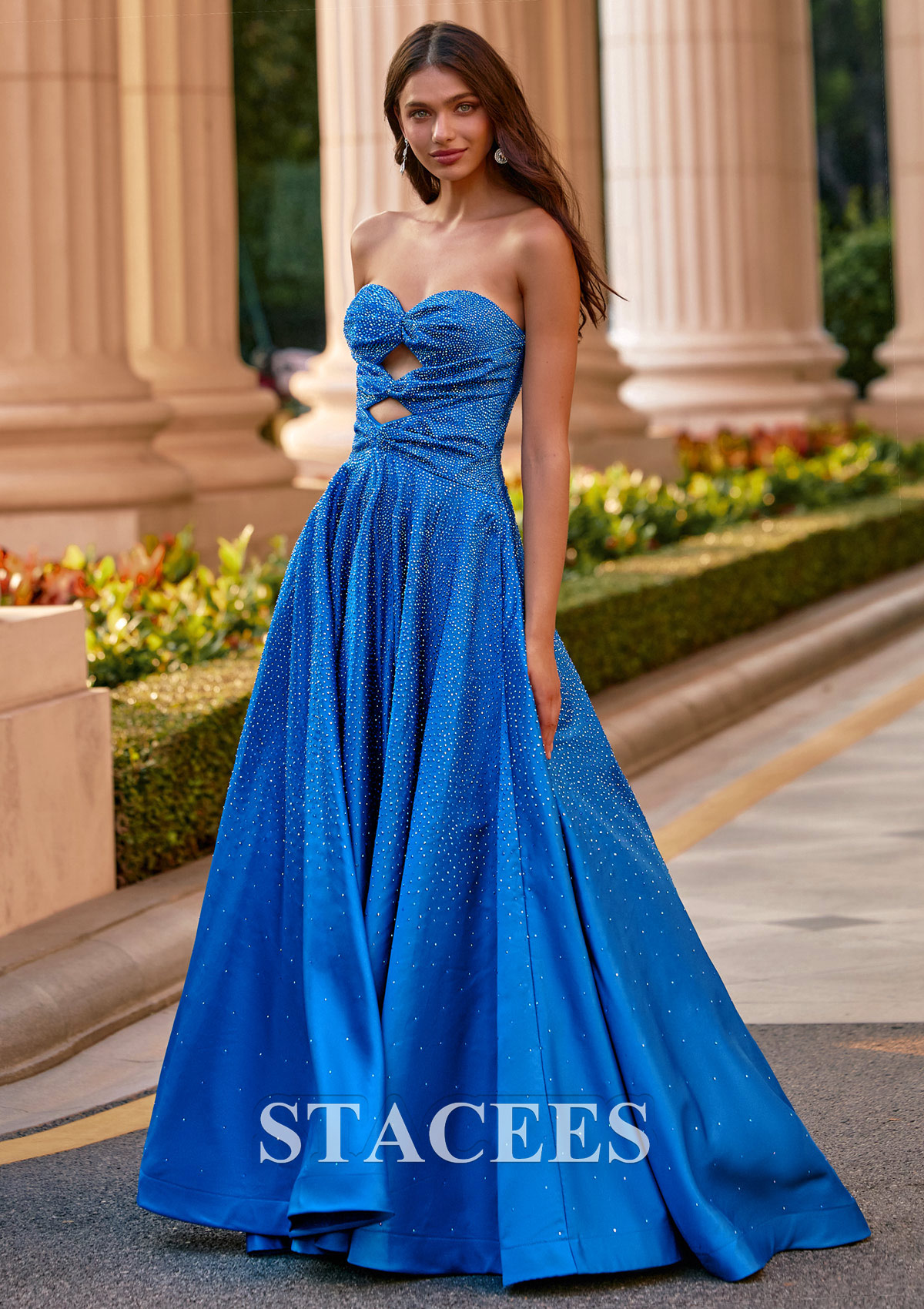 Ocean Blue A-line Strapless Cut-Out Ombre Hot Fix Prom Dress with Pockets - STACEES