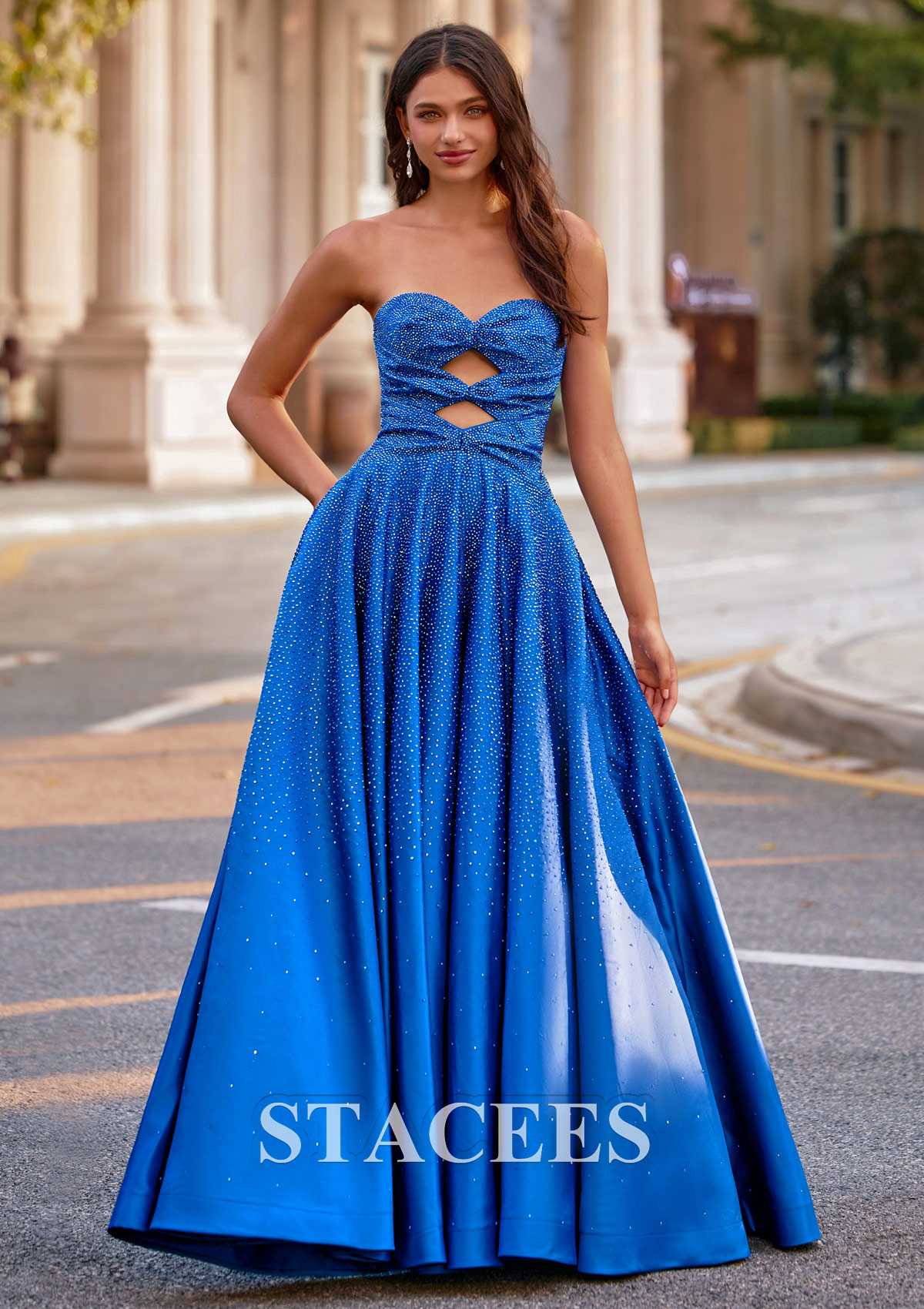 Ocean Blue A-line Strapless Cut-Out Ombre Hot Fix Prom Dress with Pockets - STACEES