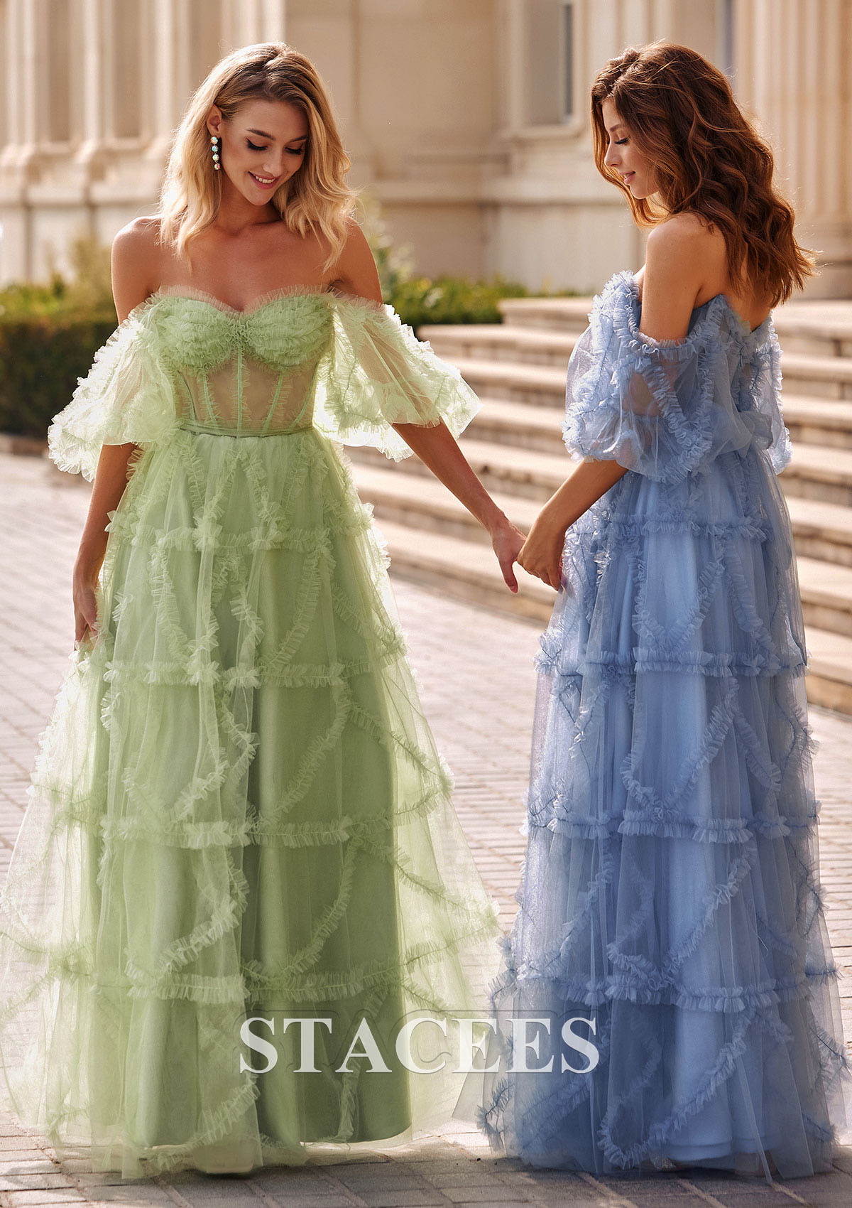 Sage A-line Puff-Sleeve Sheer Corset Ruffled Tulle Long Prom Dress - STACEES