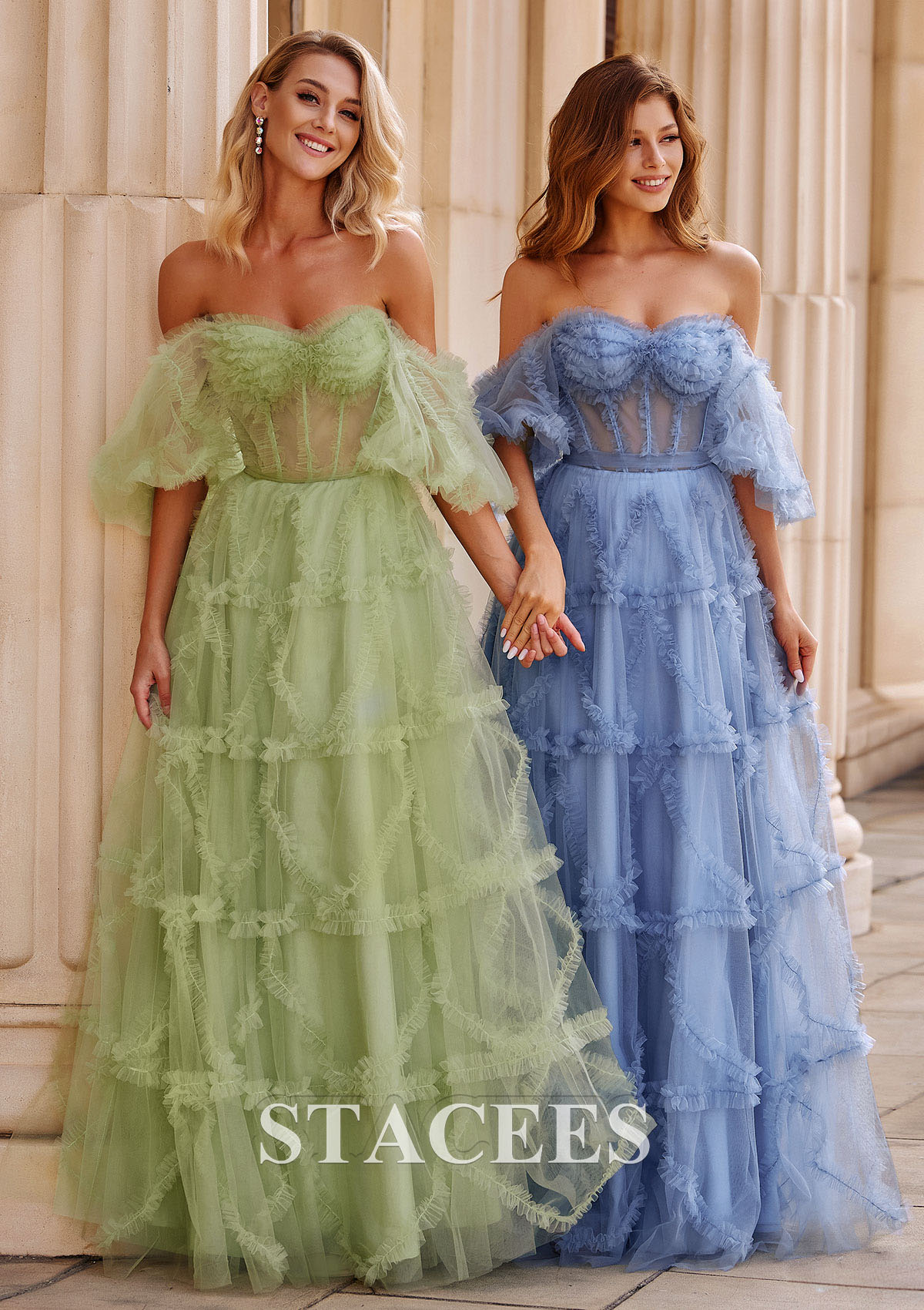 A-line Puff-Sleeve Sheer Corset Ruffled Tulle Long Prom Dress S8319P - Prom Dresses