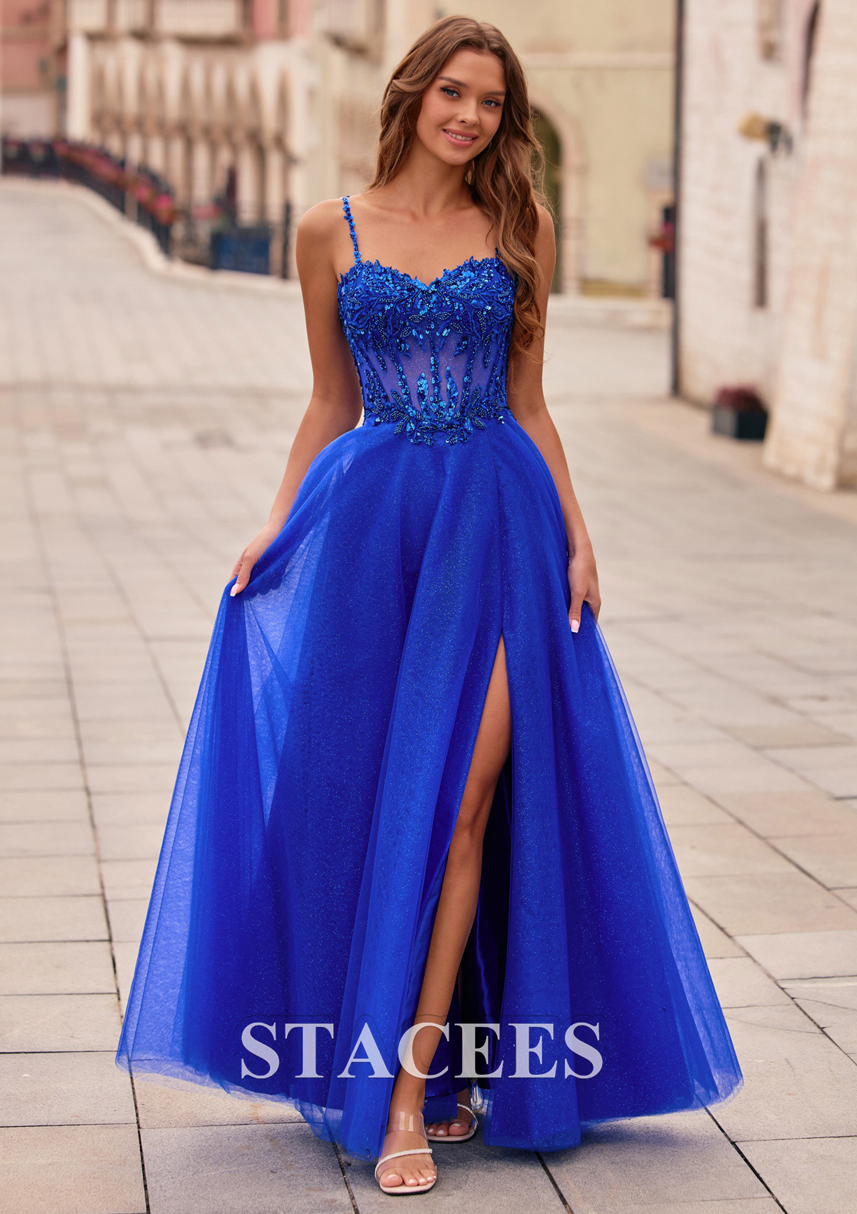 Royal Blue A-line Beading Sequins Illusion Corset Glitter Tulle Prom Dress with High Slit - STACEES