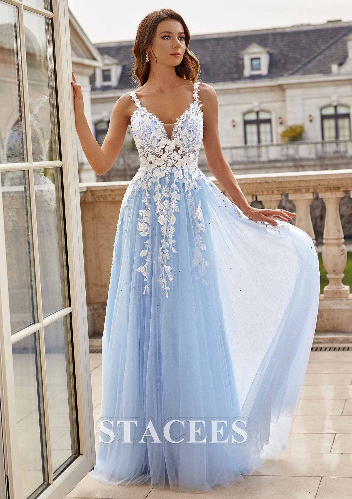 Sky Blue A-line V Neck Floor-Length Tulle Prom Dress with Beading Lace - STACEES
