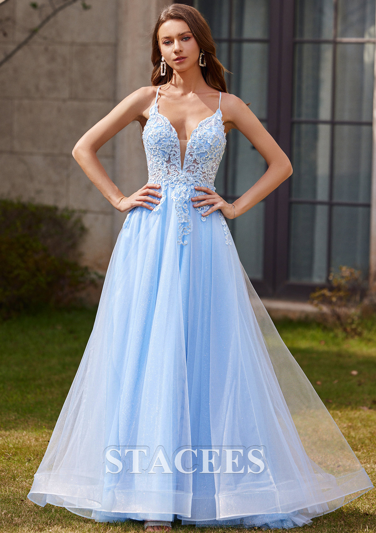 Sky Blue A-line V Neck Sleeveless Floor-Length Tulle Prom Dress with Appliqued Beading Glitter - STACEES