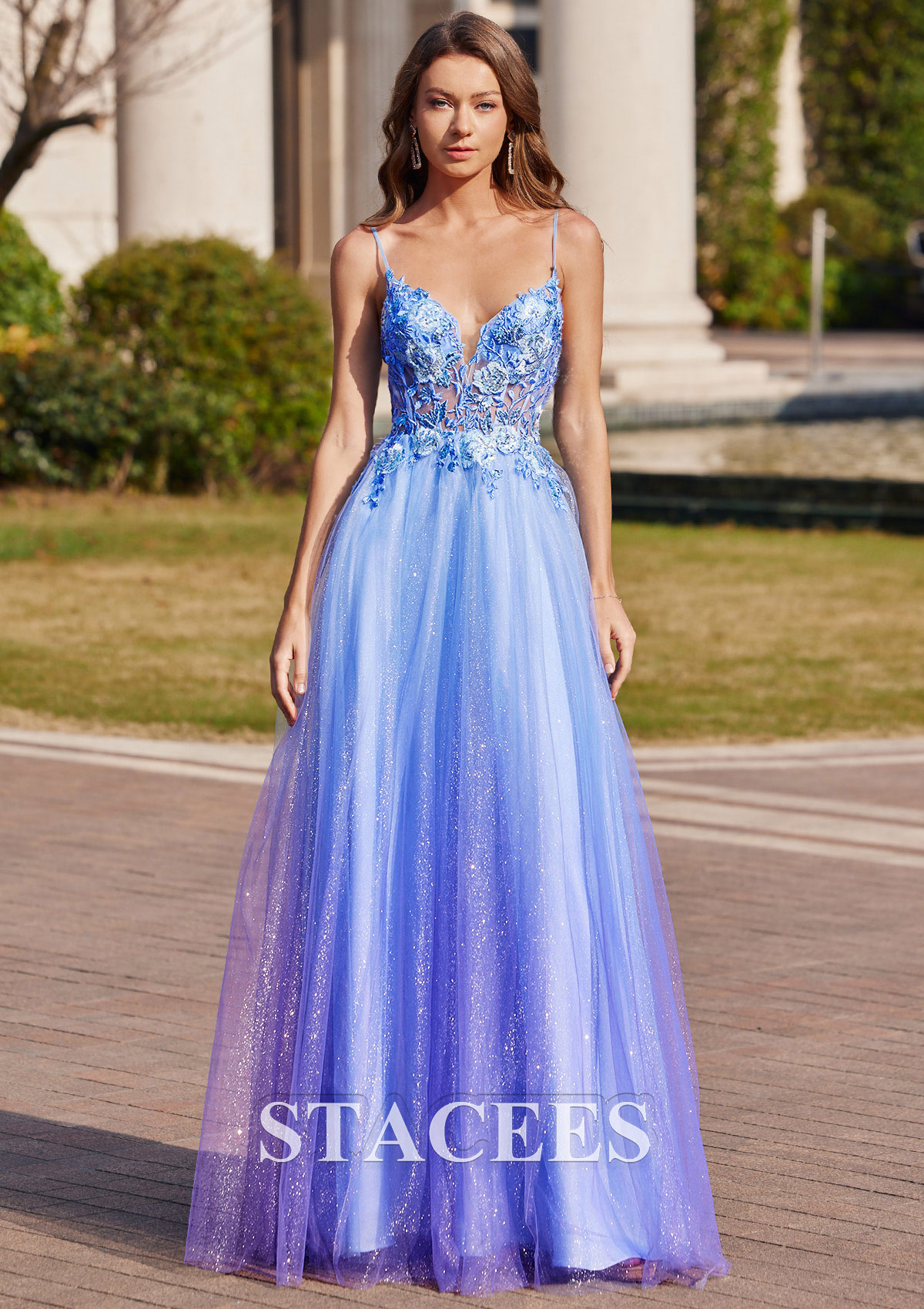 aesthetic blue prom dress A-line V Neck Sleeveless Floor-Length Tulle with Appliqued Beading Glitter S7710P - Prom Dresses Khayamiya Egyptian Tent Decoration rave skirt Size:L (38-39 sleeve length) Product Code