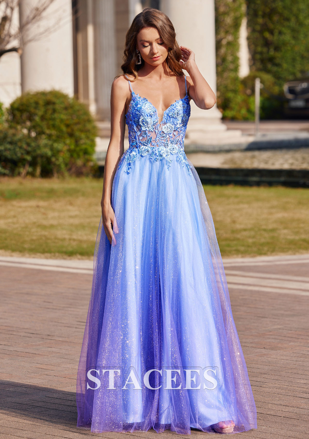a-line sleeveless v-neck floor-length with applique tulle dresses V Neck Prom Dress Appliqued Beading Glitter S7710P - Prom Color:Violet satin trim Martina Liana Strapless Lace Custom size is also