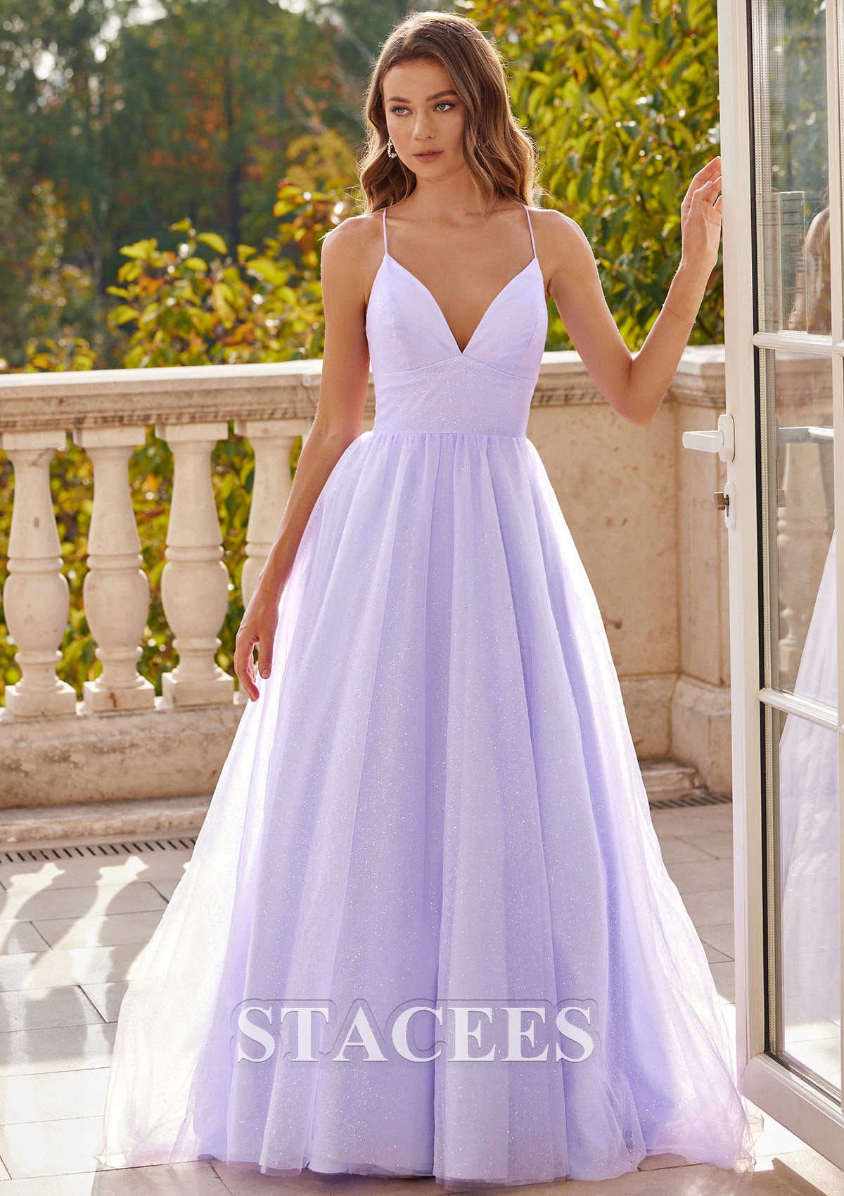 Lavender Vestido línea a escote en v tul barrer tren vestido de graduación - STACEES