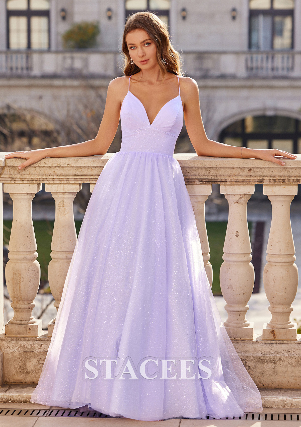 Lavender Vestido línea a escote en v tul barrer tren vestido de graduación - STACEES