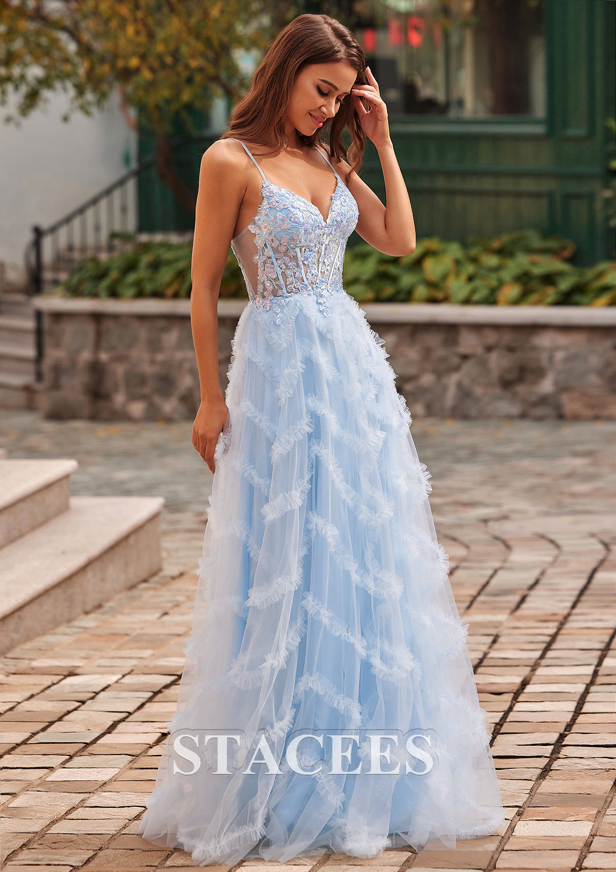 Sky Blue A-line V Neck Sequins Sheer Corset Bodice Ruffled Tulle Floor-Length Prom Dress - STACEES