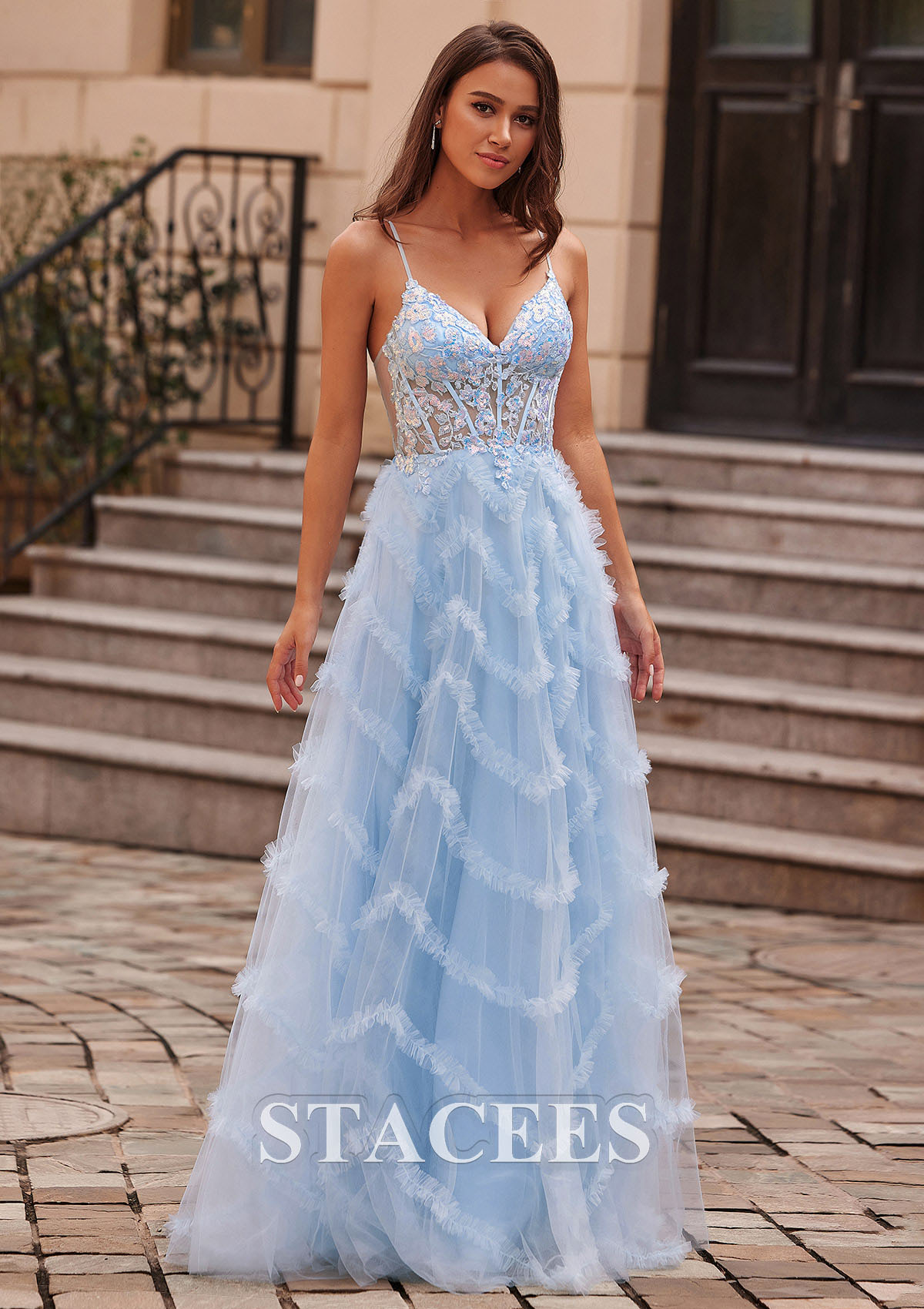 Sky Blue A-line V Neck Sequins Sheer Corset Bodice Ruffled Tulle Floor-Length Prom Dress - STACEES