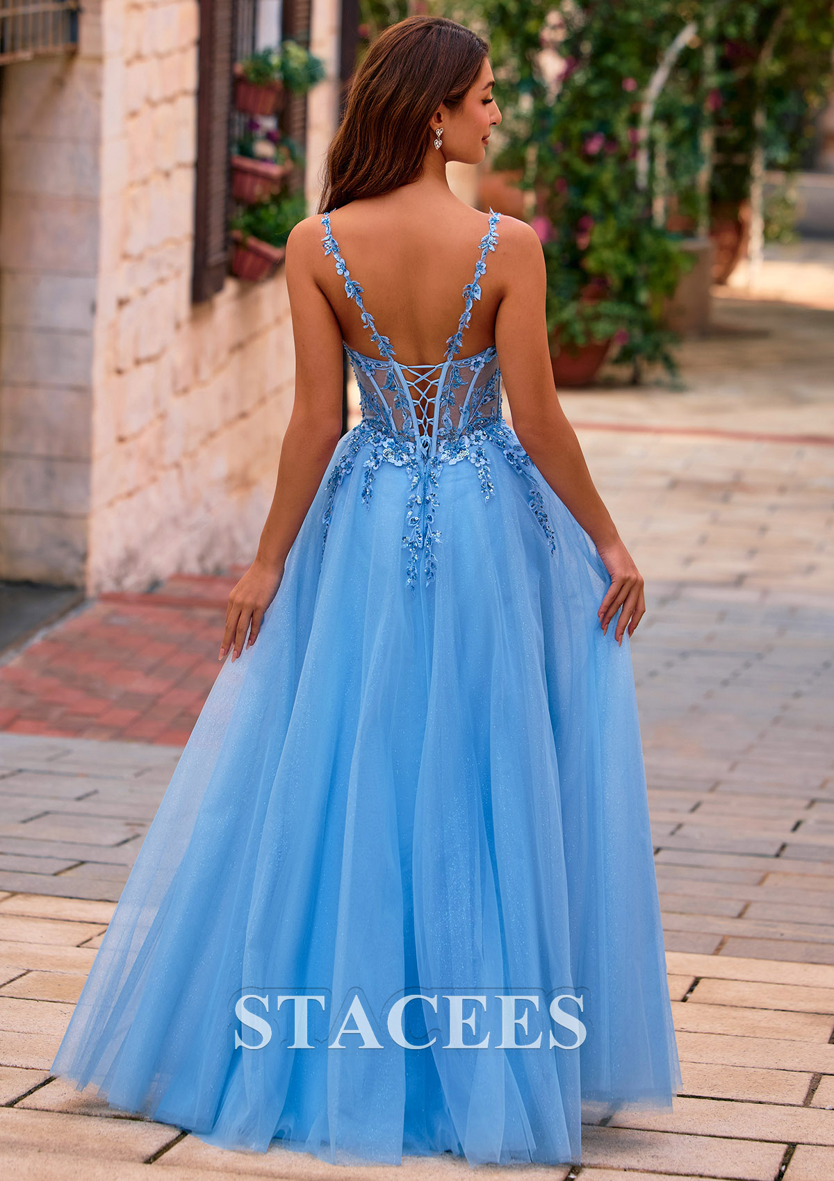 Bleu Océan Trapèze col en v tulle longueur ras du sol robe de bal avec appliqué perles - STACEES