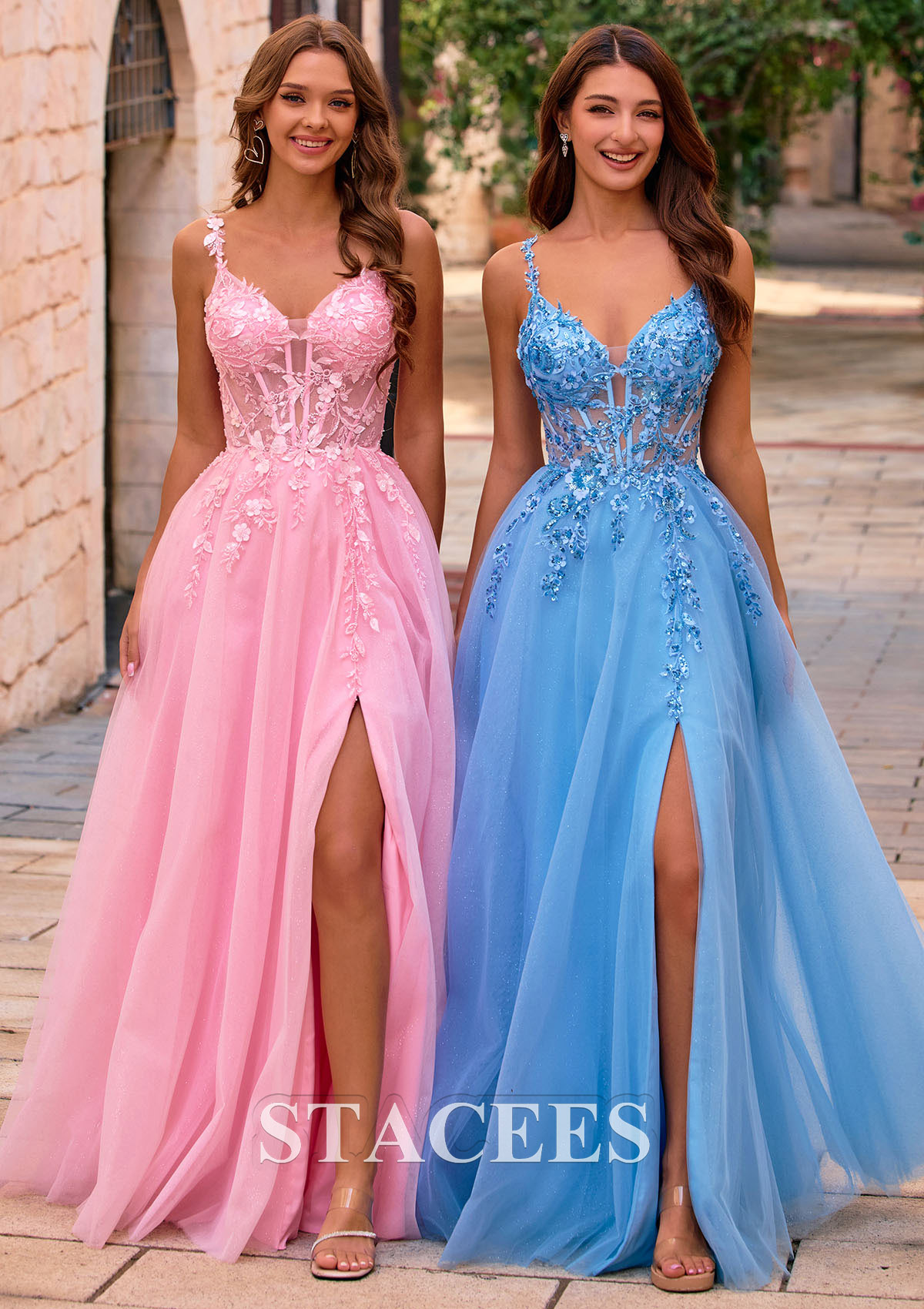 pink and blue dresses for prom A-line V Neck Tulle Floor-Length Dress with Beading Flowers S8974P - Prom Size:Coat Size 60 NA-02.17.25AM Hilana Draped Cowl Neck Prom Dresses