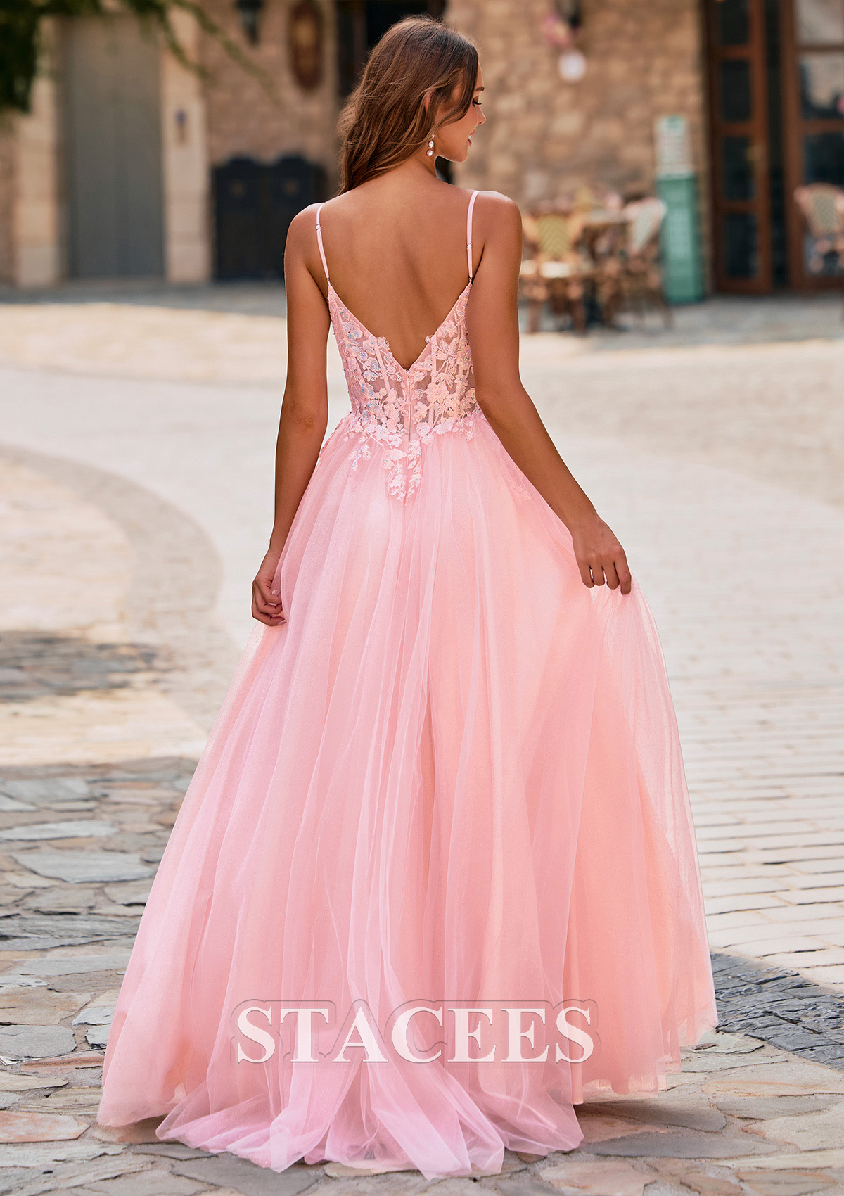 Blushing Pink A-line V Neck Floral Lace Applique Corset Tulle Sweep Train Prom Dress - STACEES