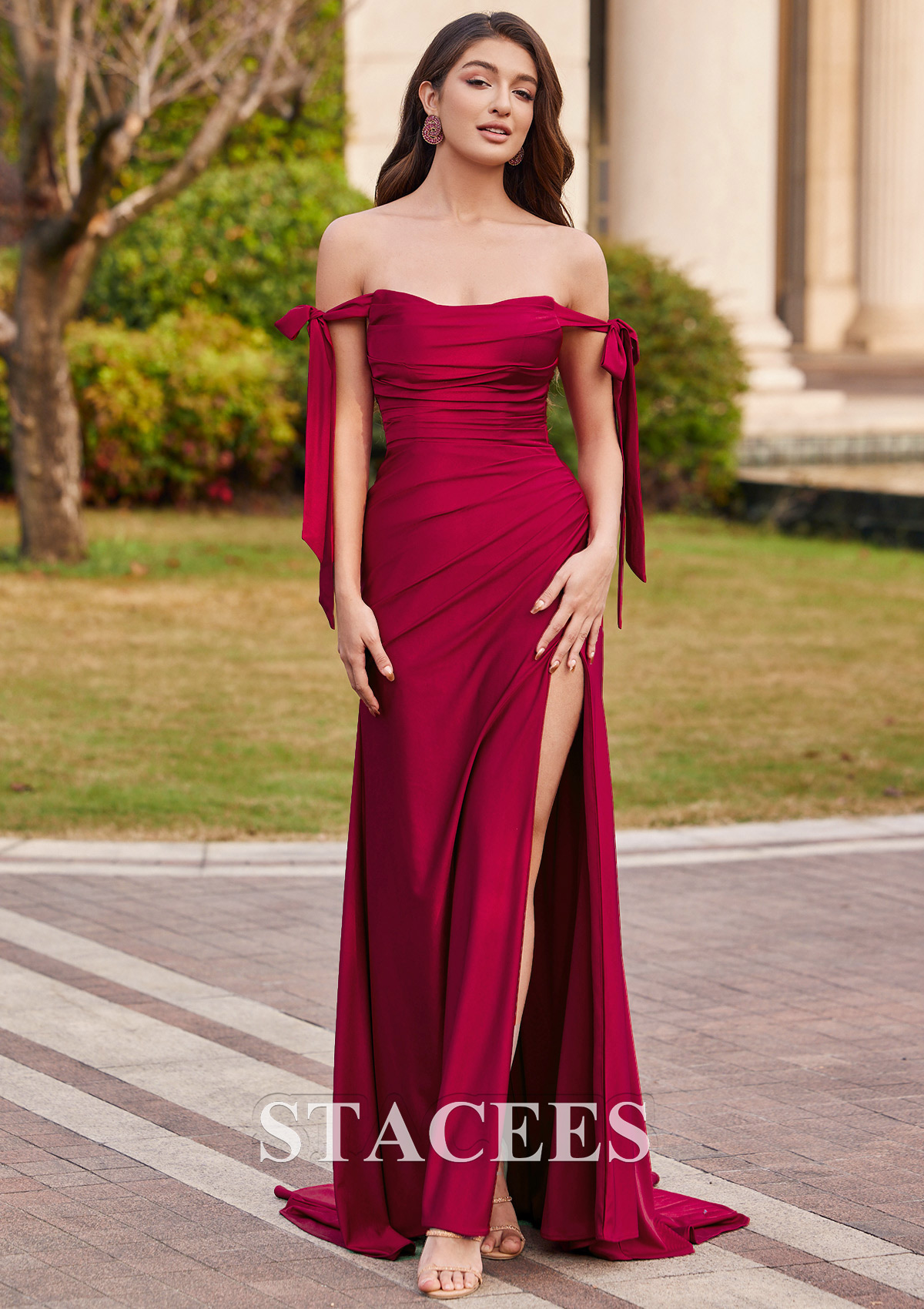 Burgundy Cubierta hombros descubiertos jersey barrer tren vestido de graduación - STACEES