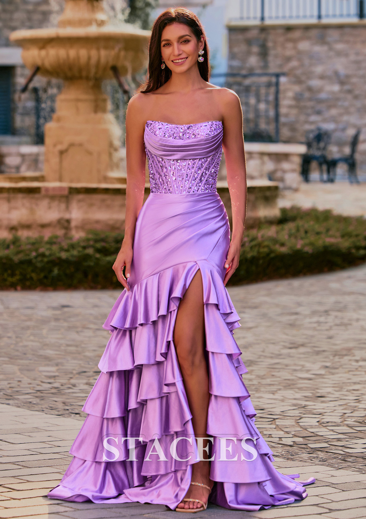 Lilas Trumpette/Sirène bateau soie comme du satin traîne balayage robe de bal avec volants paillettes fendue - STACEES