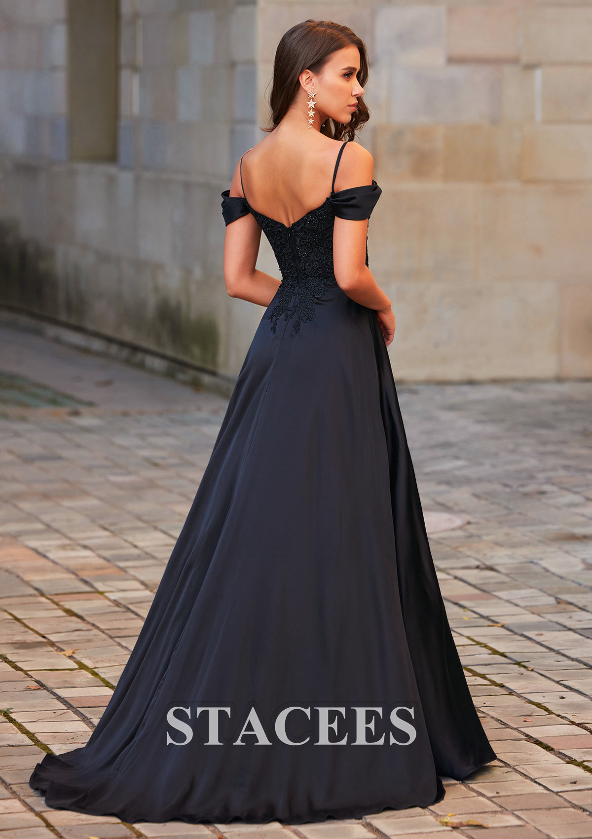 Black A-line Off-the-Shoulder Slit Sweep Train Prom Dress with Appliques Lace - STACEES