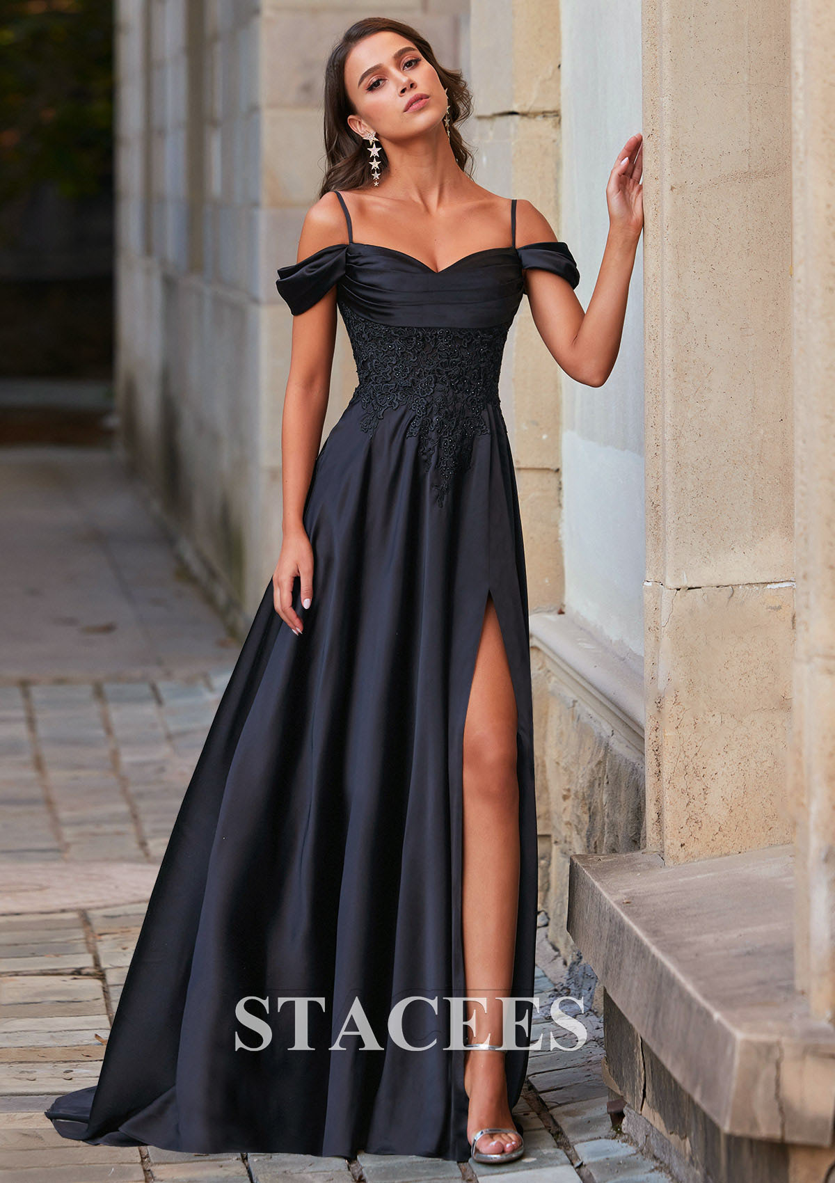 Black A-line Off-the-Shoulder Slit Sweep Train Prom Dress with Appliques Lace - STACEES