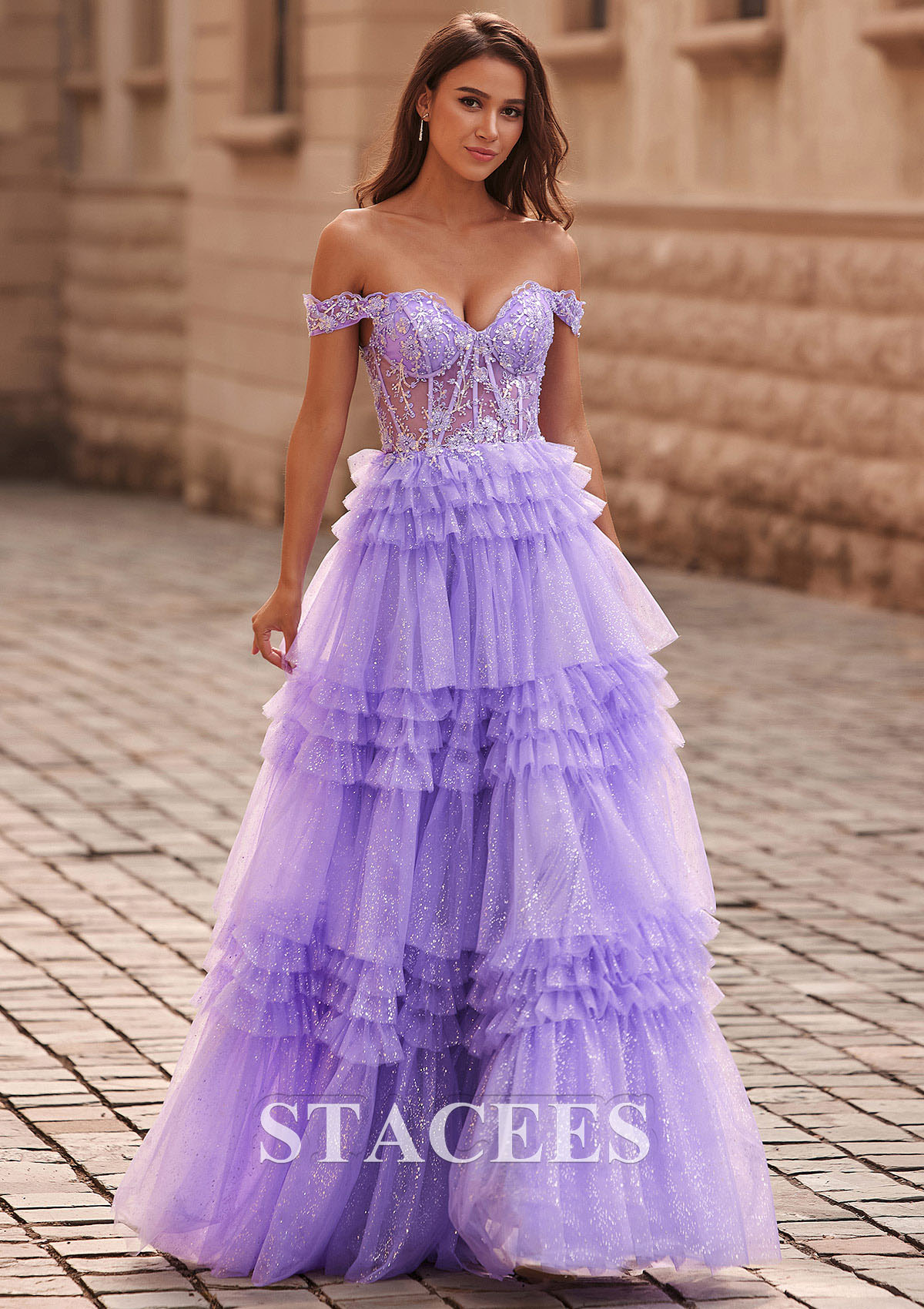Lilac A-line Applique Off-the-Shoulder Corset Ruffle Tiered Glitter Tulle Prom Dress - STACEES
