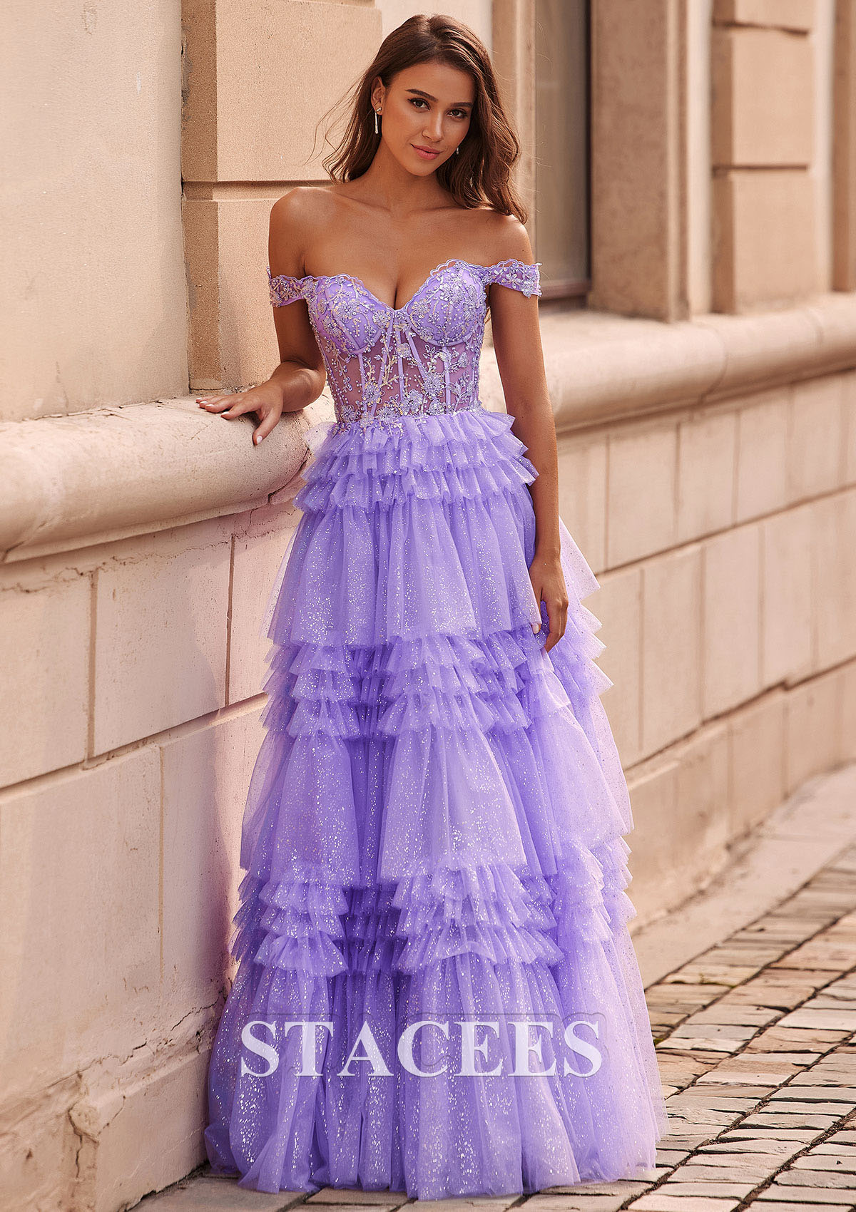 Lilac A-line Applique Off-the-Shoulder Corset Ruffle Tiered Glitter Tulle Prom Dress - STACEES