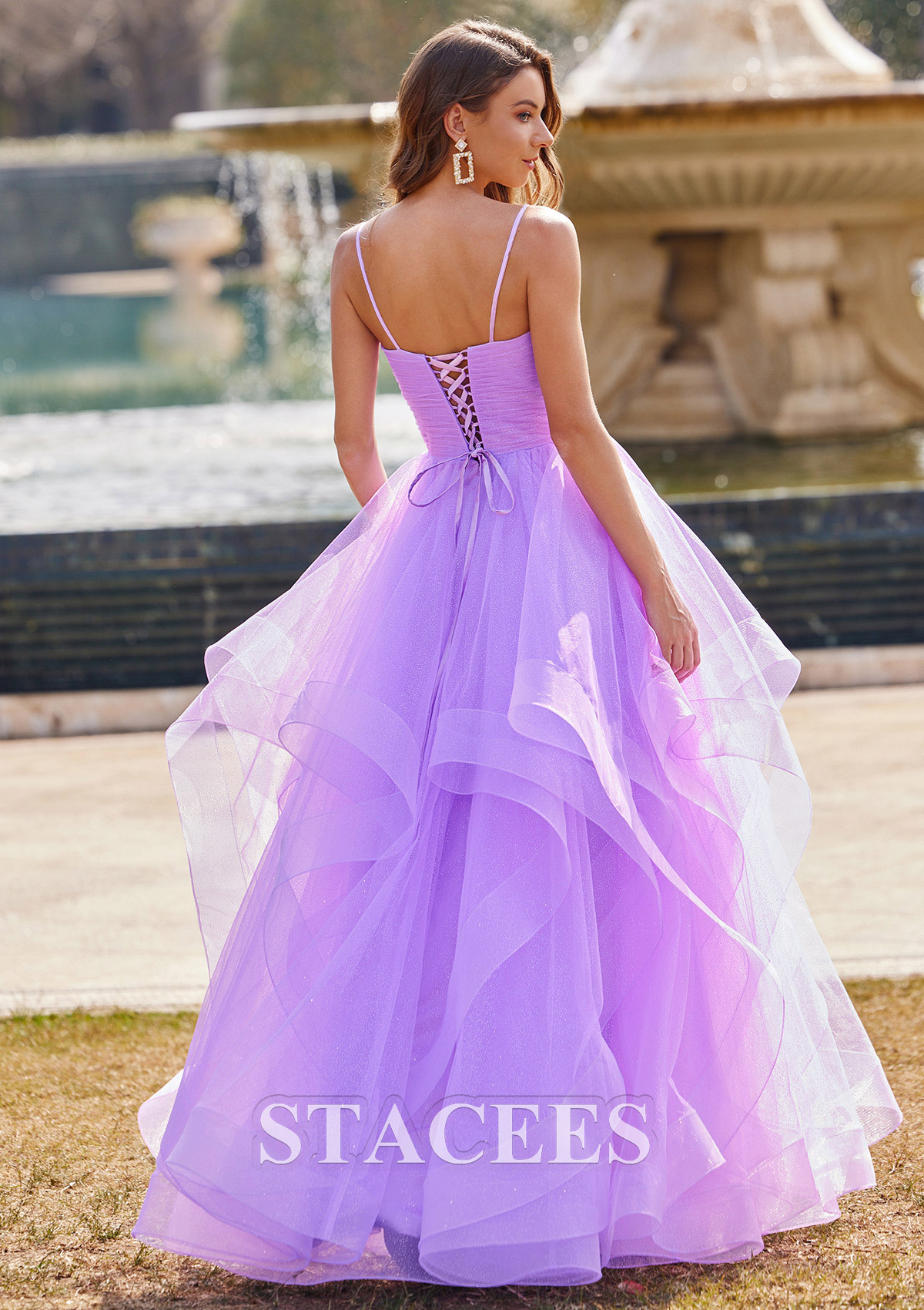 Lilac A-line Princess V Neck Floor-Length Tulle Prom Dress with Ruffles Glitter - STACEES