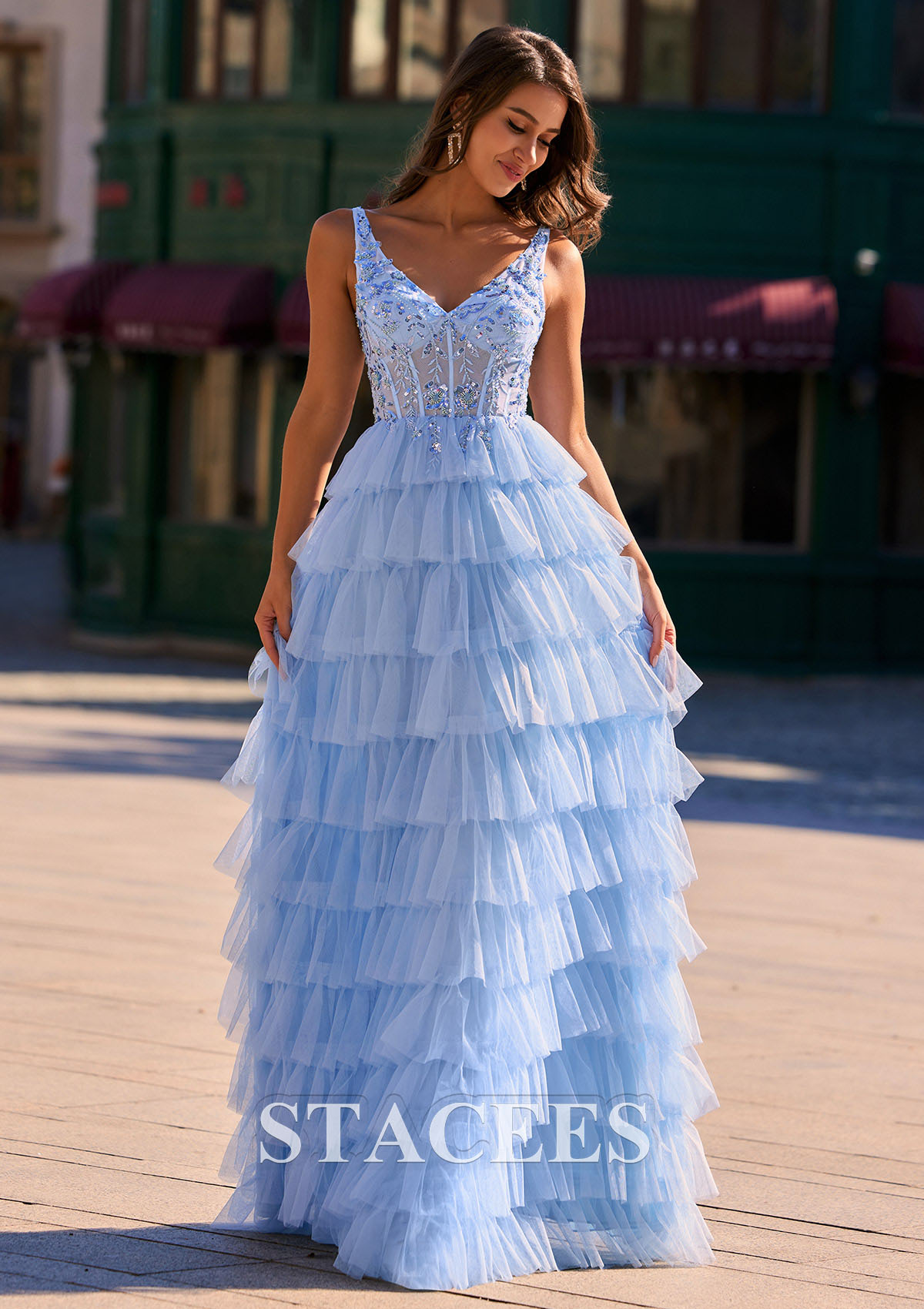 Sky Blue A-line Sequined Applique V Neck Tiered Ruffled Tulle Prom Dress - STACEES