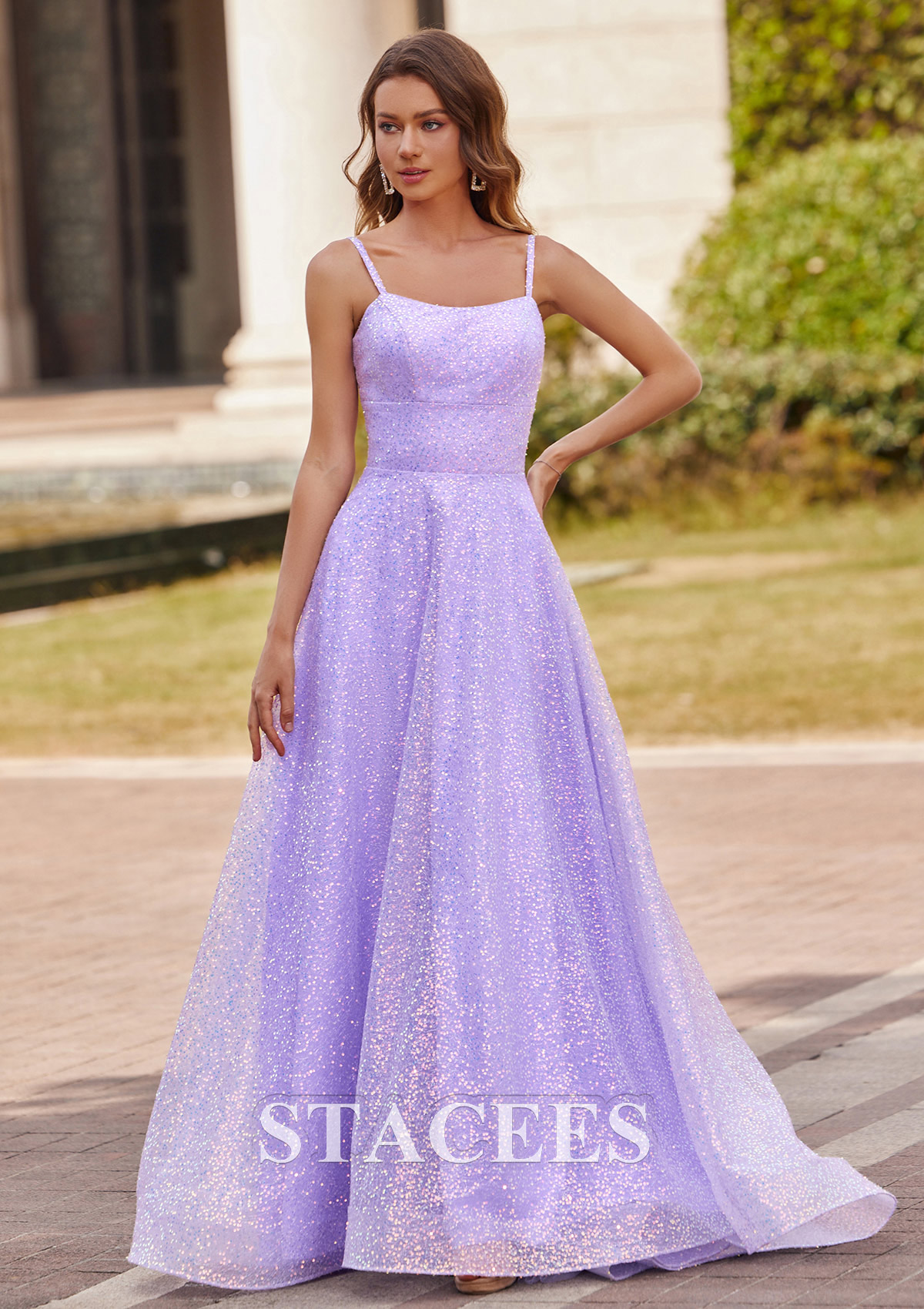 Lilac Vestido línea a cuello cuadrado lentejuelas barrer tren vestido de graduación - STACEES