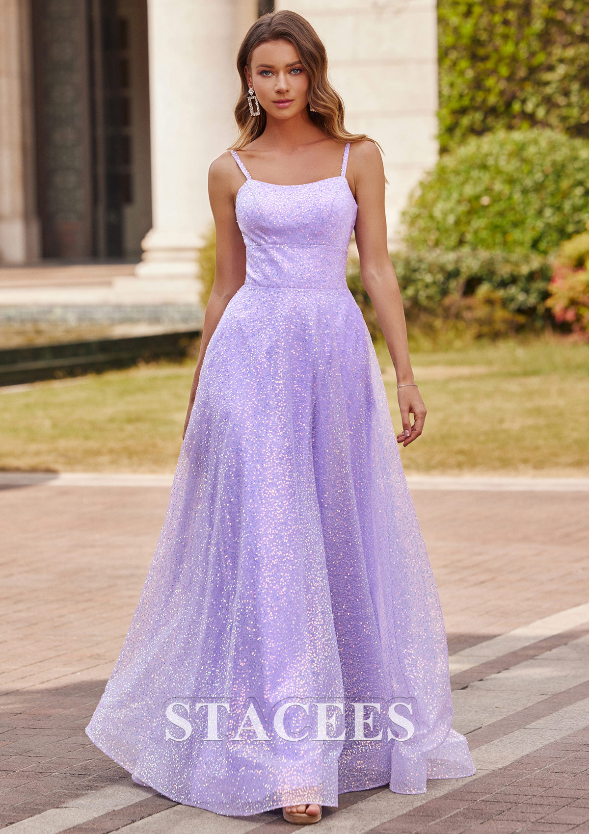 Lilac Vestido línea a cuello cuadrado lentejuelas barrer tren vestido de graduación - STACEES