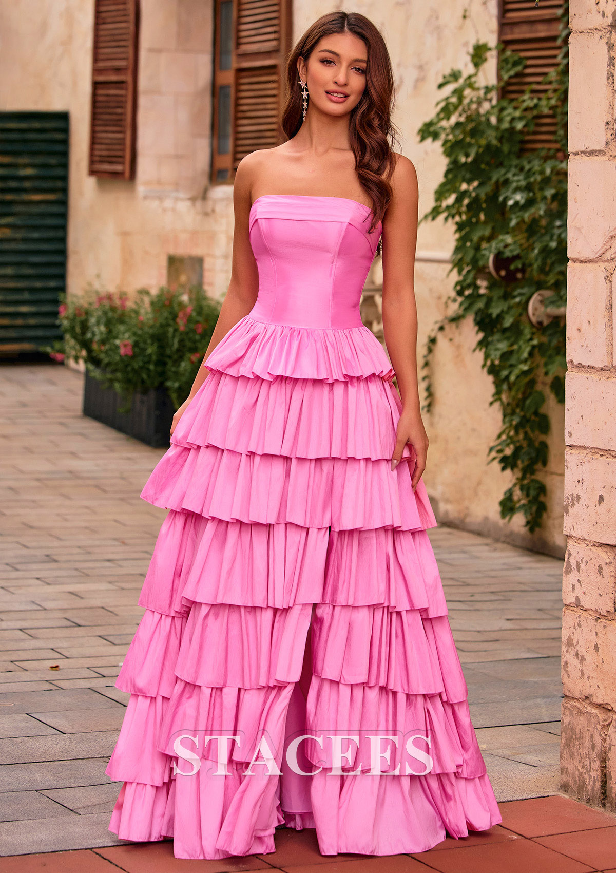 Candy pink A-line Strapless Tiered Ruffle Taffeta Backless Prom Dress with Slit - STACEES