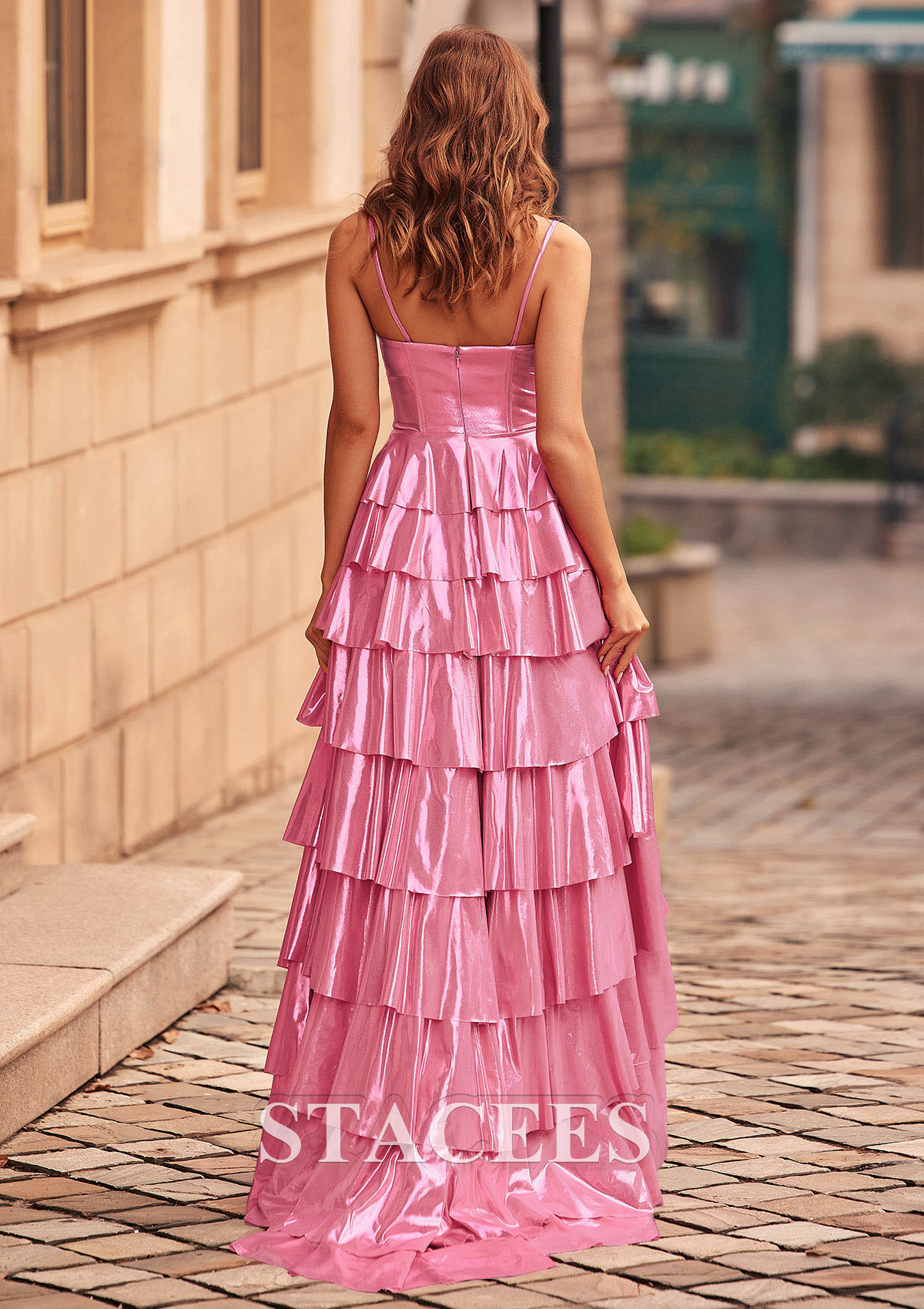 Candy Pink Vestido línea a cuello de corazón metálico barrer tren vestido de graduación - STACEES