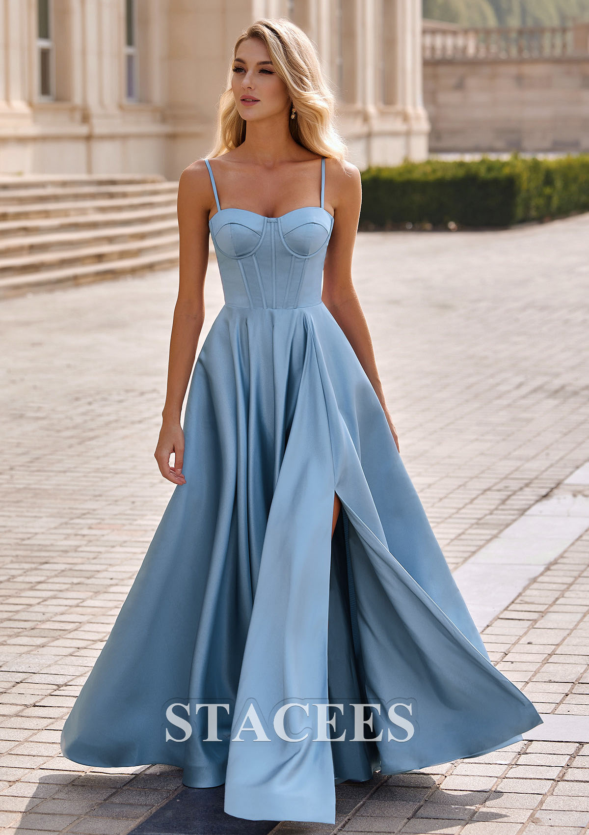 Dusty Blue A-line Spaghetti Straps Satin Corset Slit Prom Dress - STACEES