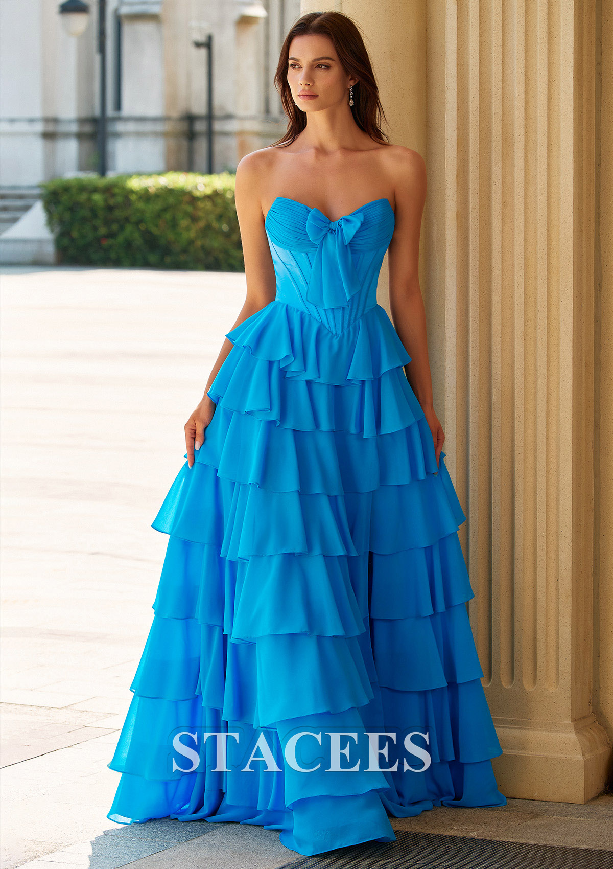 Bleu Trapèze cache coeur satin longueur ras du sol robe de bal avec volants noeuds papillons - STACEES