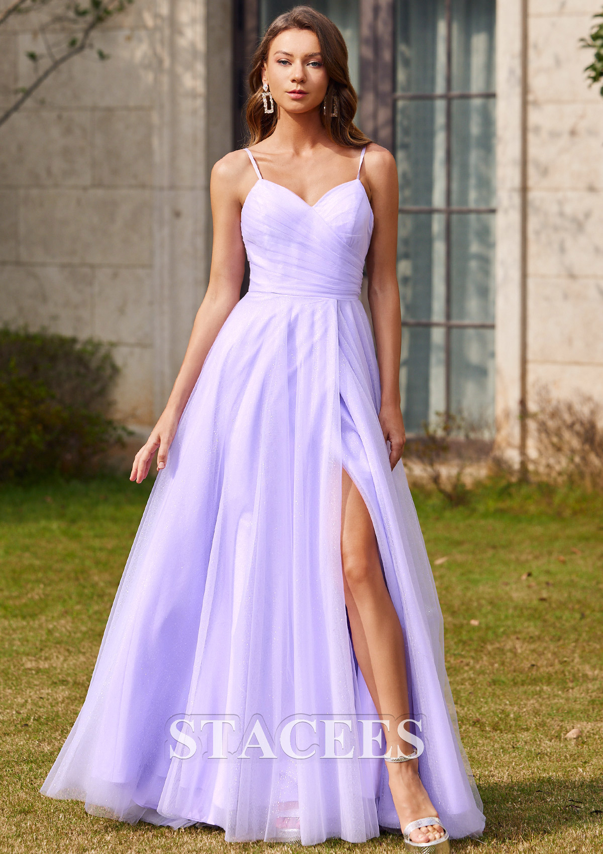 Lila Vestido línea a escote en v tul hasta el suelo vestido de graduación - STACEES