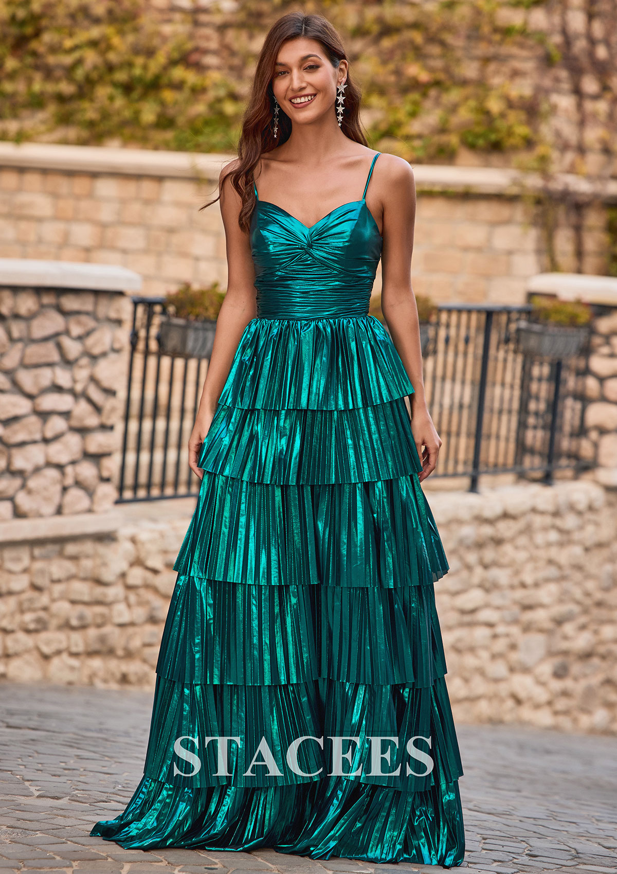 Teal A-line Metallic Tiered Pleated Ruffle Prom Dress V Neck - STACEES