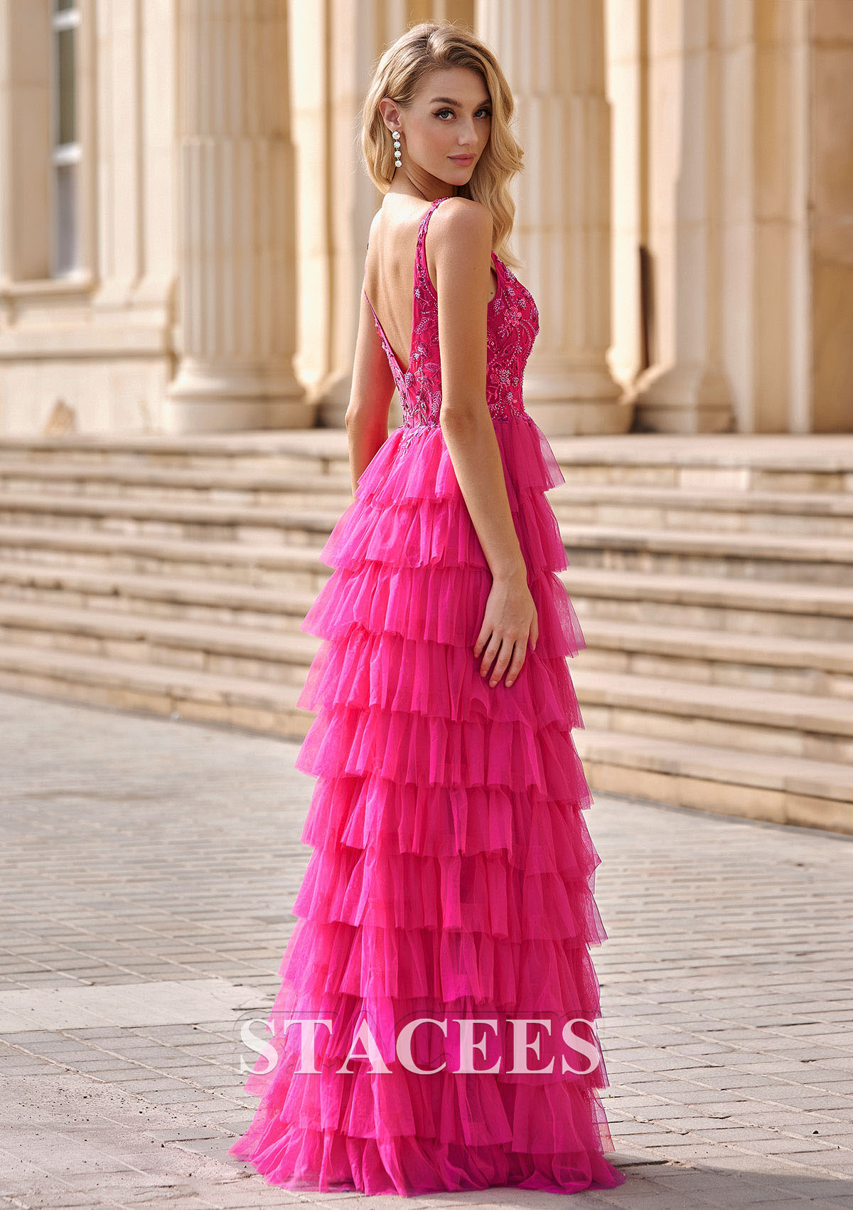 Magenta Dramatic Tiered A-line Prom Dress with Elaborate Sequin Bodice - STACEES