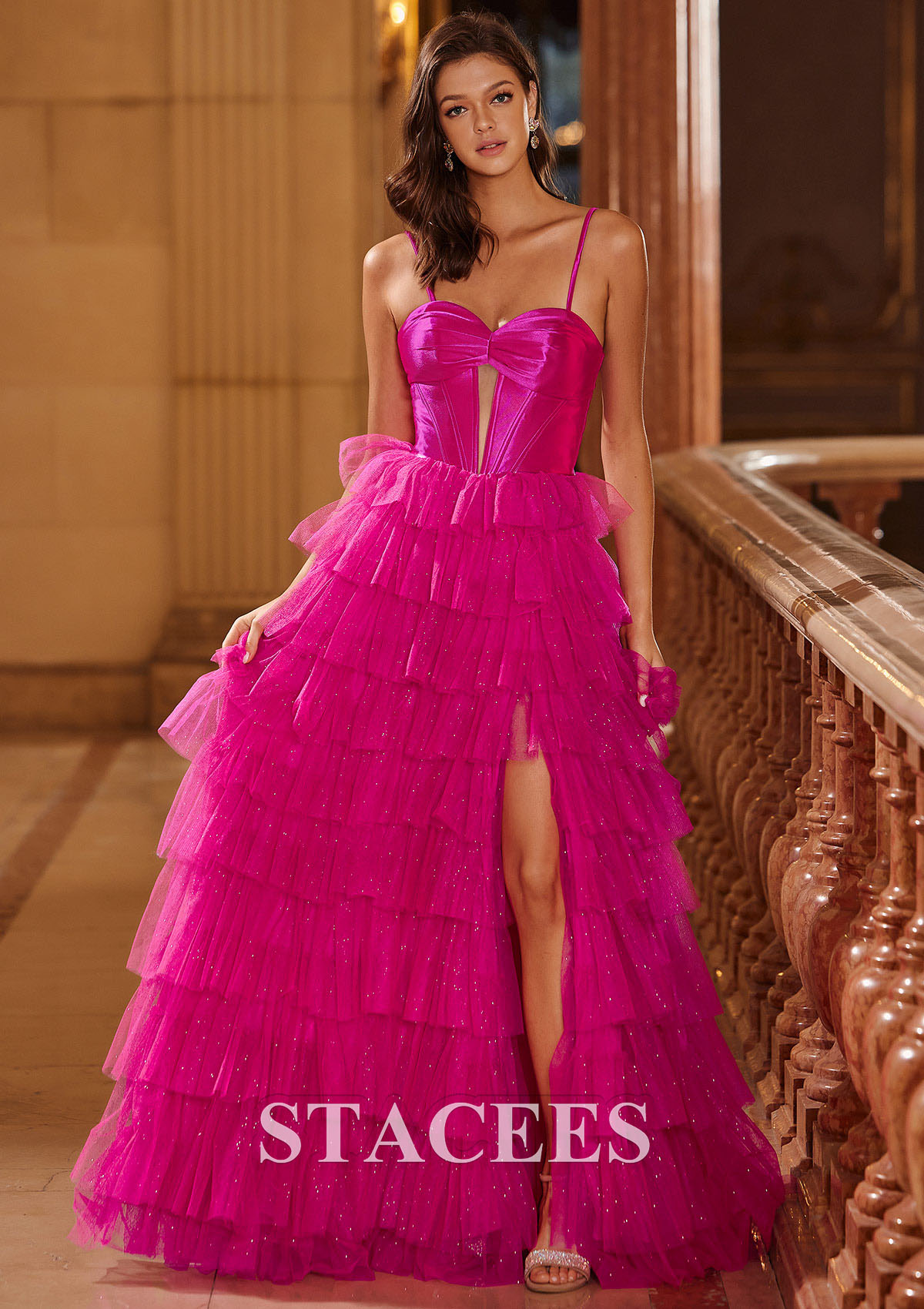 Fuchsia Marquise cache coeur tulle longueur ras du sol robe de bal  - STACEES