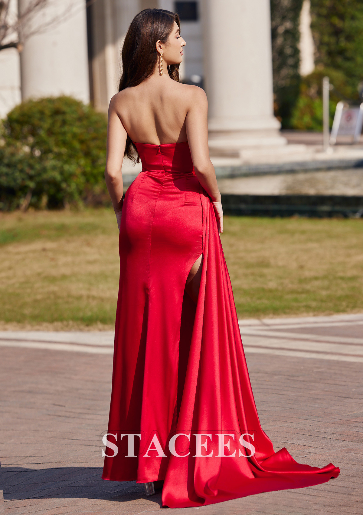Red Sheath/Column Cowl Neck Floor-Length Satin Prom Dress with Pleated Side Draping Split - STACEES