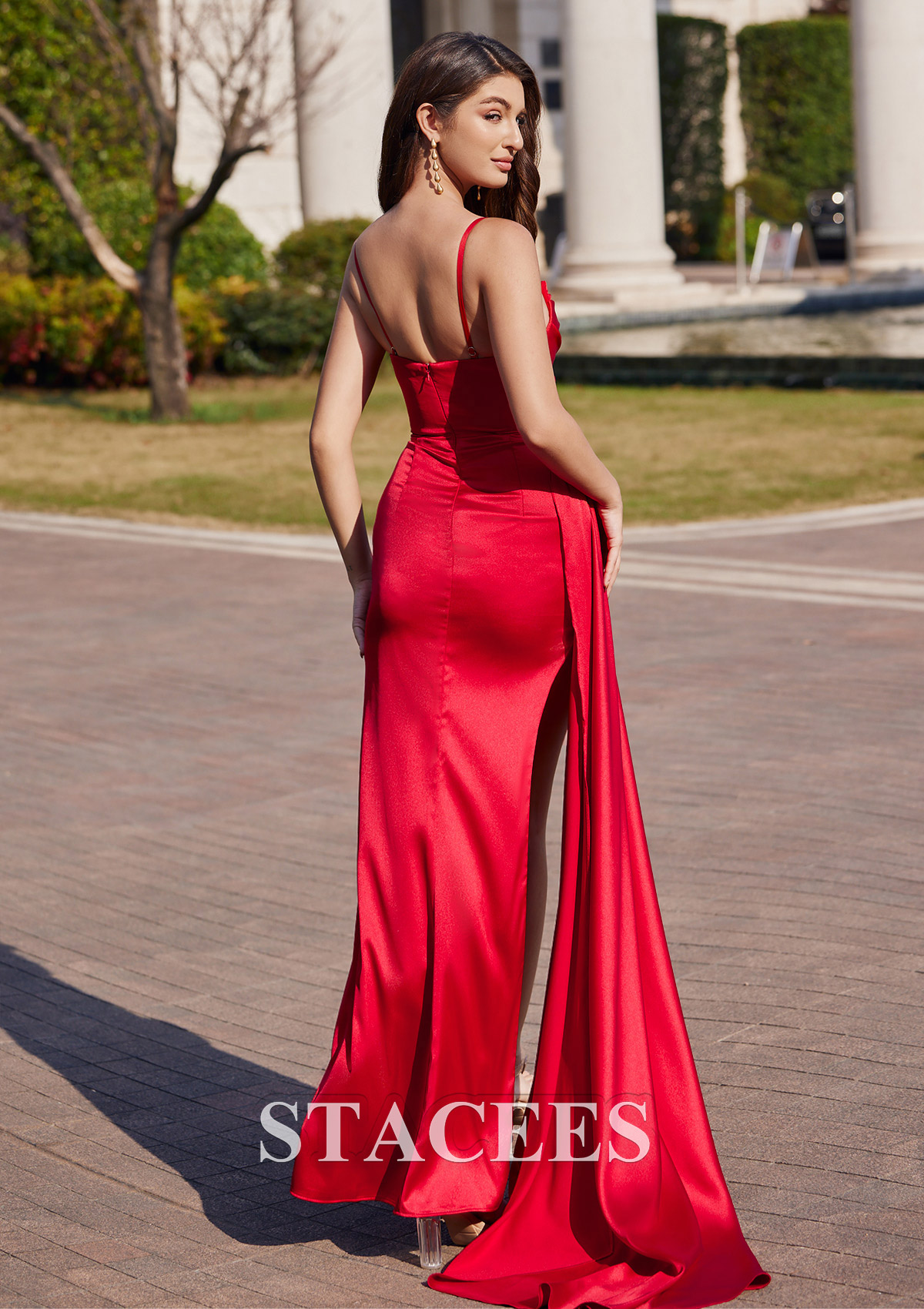 Red Sheath/Column Cowl Neck Floor-Length Satin Prom Dress with Pleated Side Draping Split - STACEES
