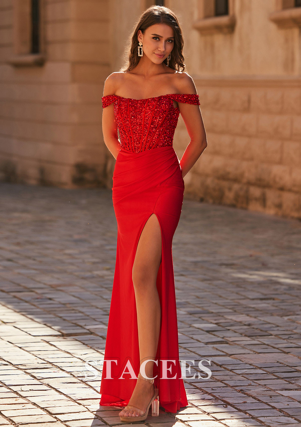 Red Sheath Sequins Lace-Bodice Off-the-Shoulder Prom Dress with Slit Floor-Length - STACEES